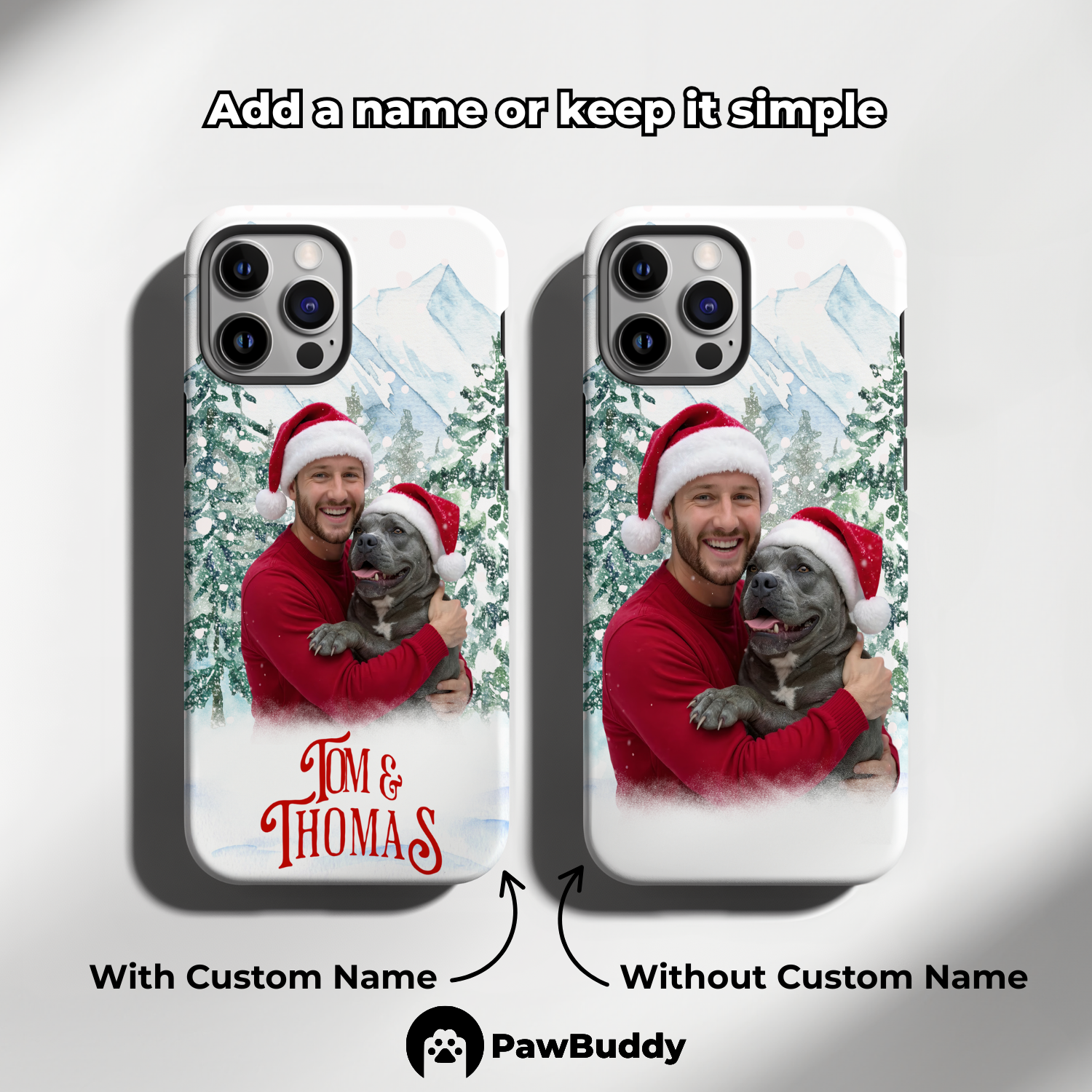 Custom Human & Pet Phone Case for iPhone 11–17, Personalized Snowy Christmas Harmony Pet Portrait Design, Dual-Layer Shockproof PC+TPU Protective Cover with Glossy Wraparound Printing, Unique Holiday Gift for Pet Lovers