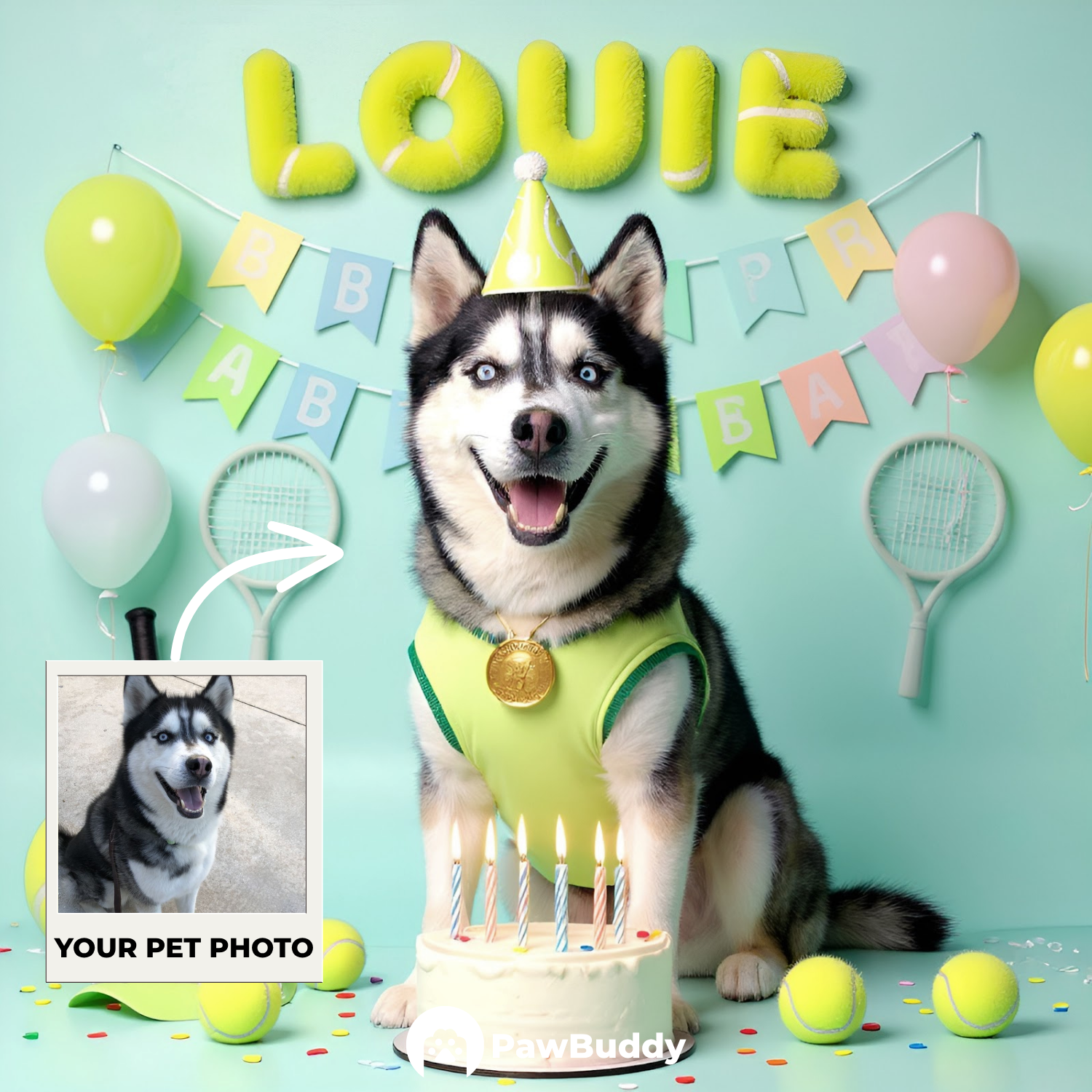 Custom Pet Portrait Grand Slam Birthday Tennis Style Digital Artwork - Personalized High-Resolution Artwork for Pet Lovers, Perfect for Online Sharing or as a Unique Sports-Themed Keepsake