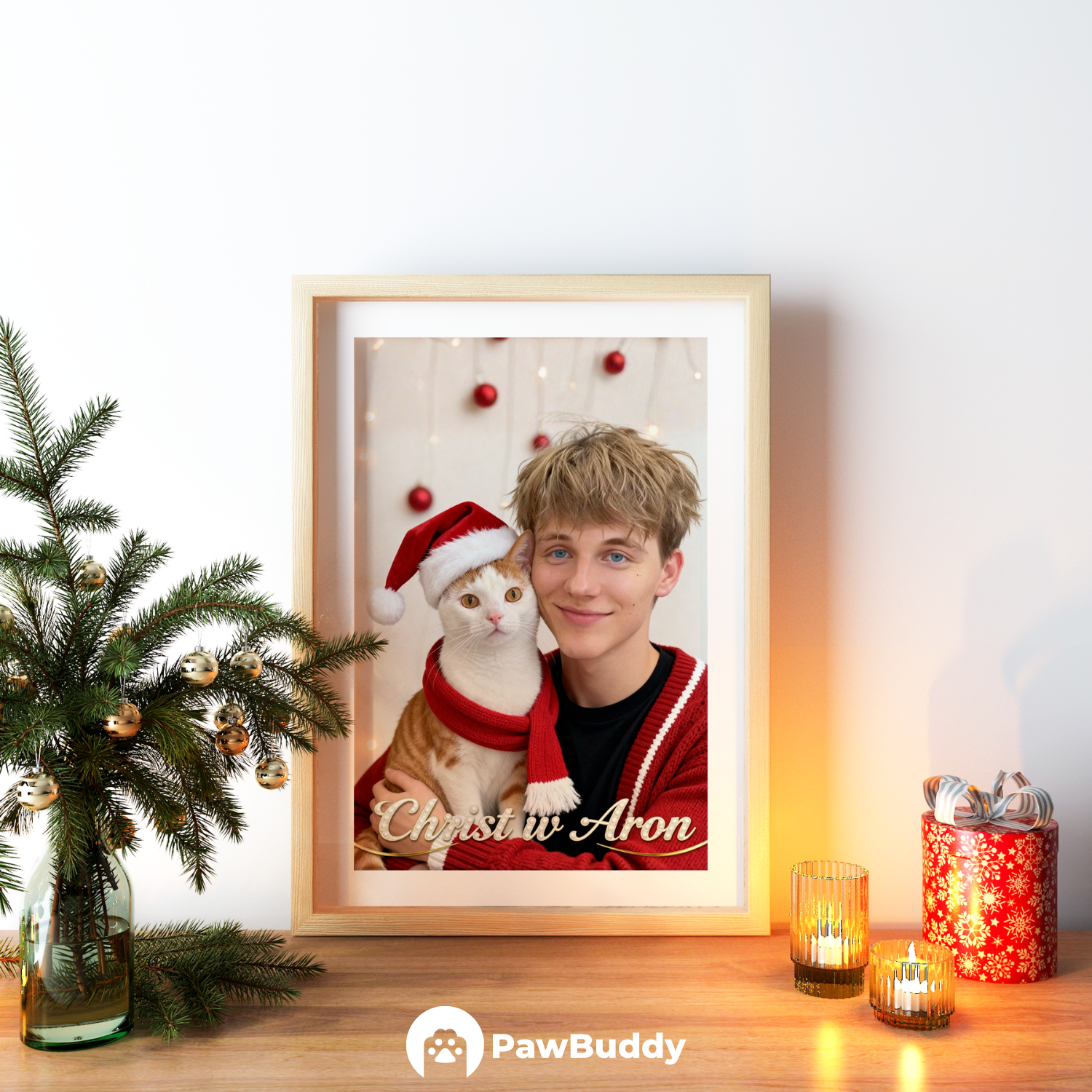 Custom Human & Pet Poster Merry Holiday Cheer Portrait – Personalized High-Resolution Matte Print for Wall Art, Home Decor, or Unique Christmas Gifts for Pet Lovers (Frame Not Included)