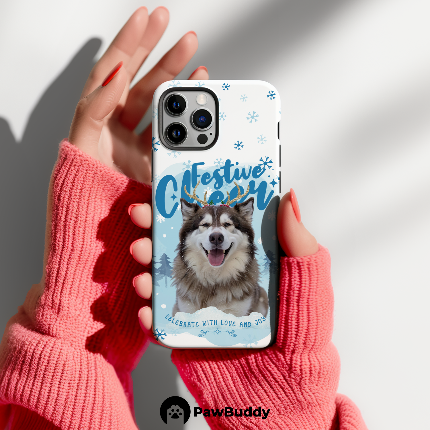 Custom Pet Phone Case for iPhone 11–17, Personalized Festive Cheer Christmas Portrait Design, Dual-Layer Shockproof PC+TPU Protective Cover with Glossy Wraparound Printing, Unique Holiday Gift for Pet Lovers