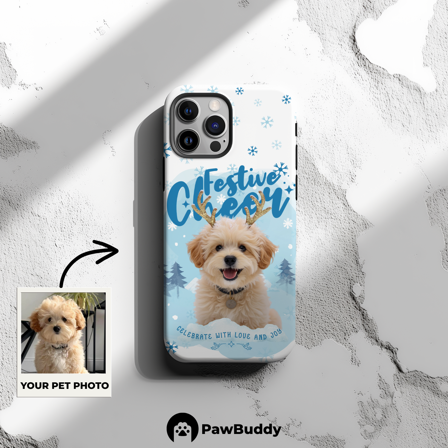 Custom Pet Phone Case for iPhone 11–17, Personalized Festive Cheer Christmas Portrait Design, Dual-Layer Shockproof PC+TPU Protective Cover with Glossy Wraparound Printing, Unique Holiday Gift for Pet Lovers