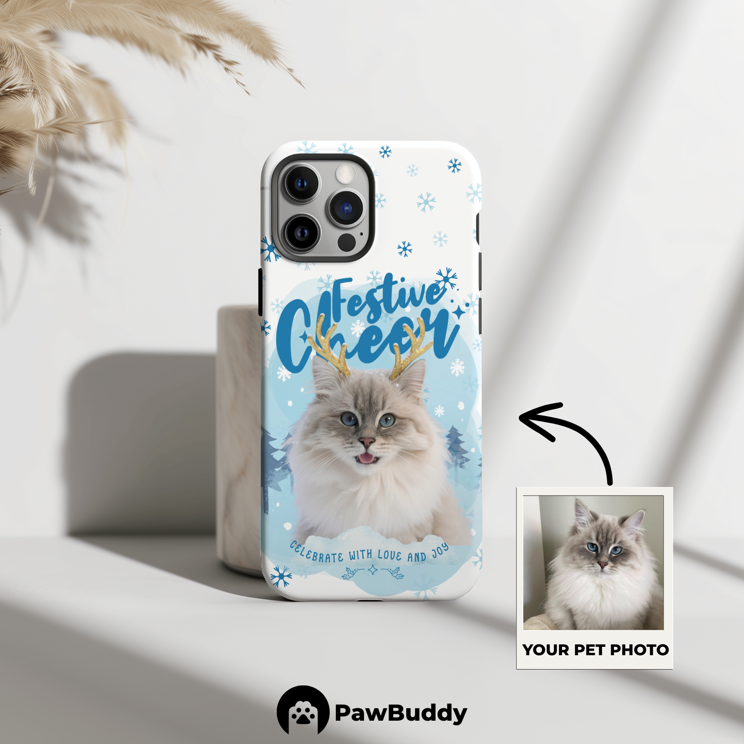 Custom Pet Phone Case for iPhone 11–17, Personalized Festive Cheer Christmas Portrait Design, Dual-Layer Shockproof PC+TPU Protective Cover with Glossy Wraparound Printing, Unique Holiday Gift for Pet Lovers