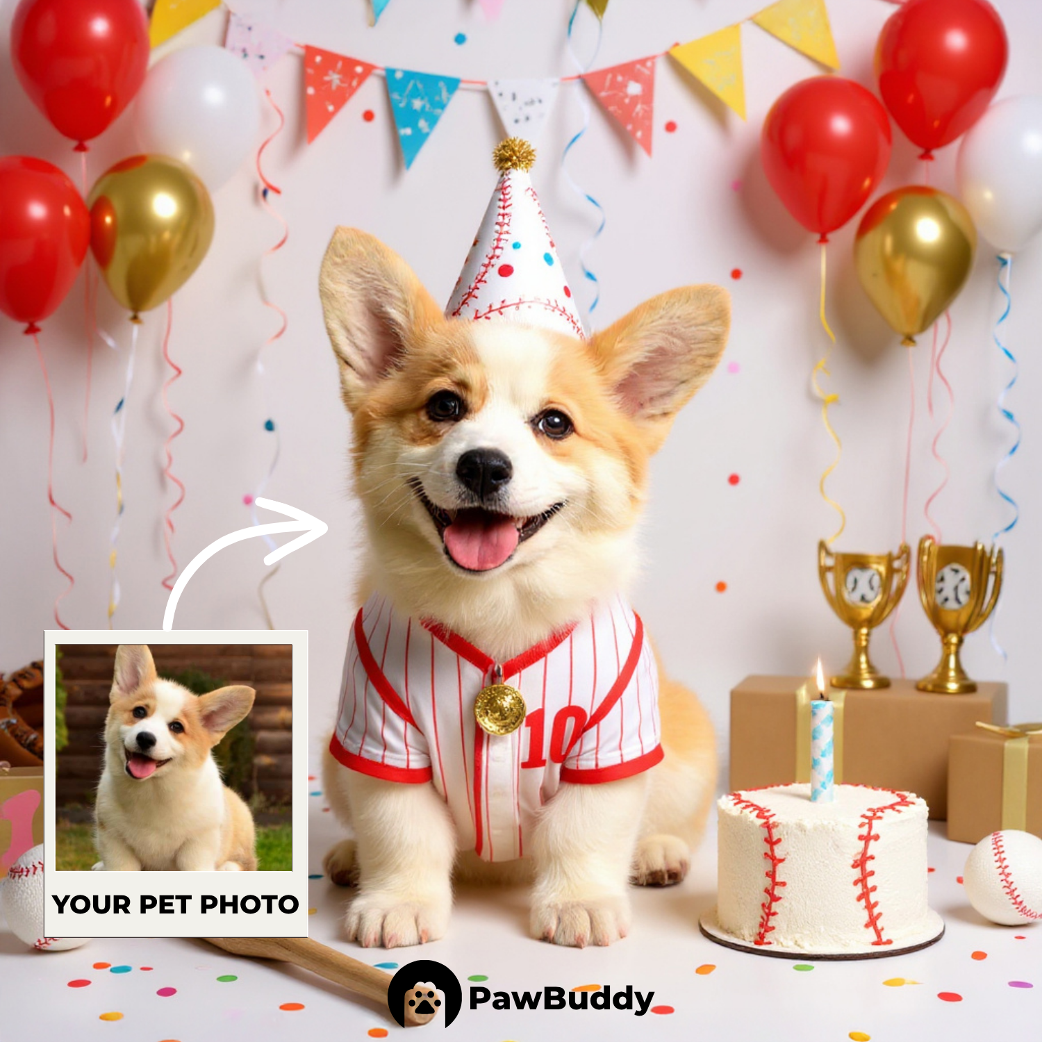 Custom Pet Portrait Home Run Birthday Baseball Style Digital Artwork - Personalized High-Resolution Artwork for Pet Lovers, Perfect for Online Sharing or as a Unique Sports-Themed Keepsake