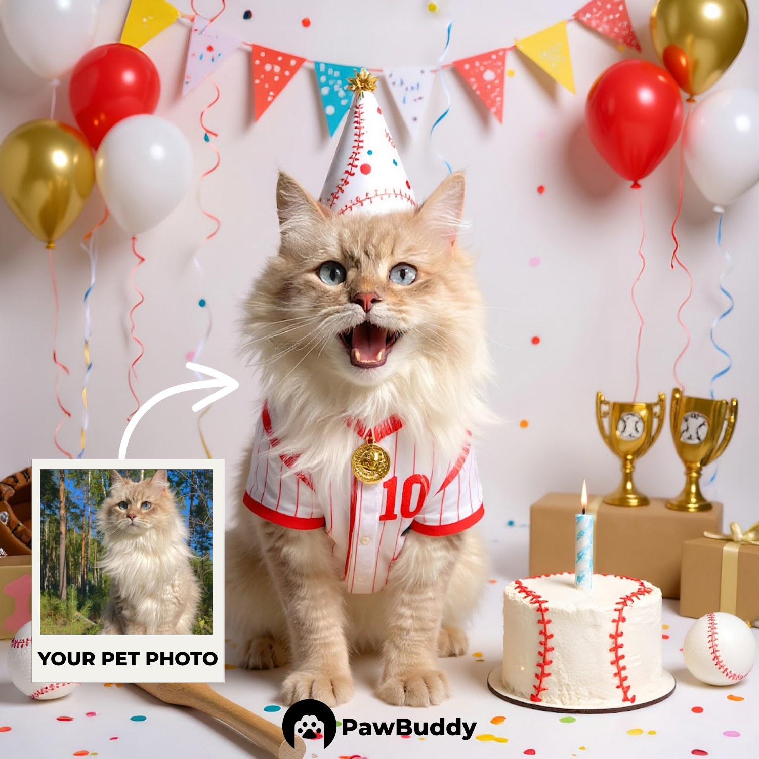 Custom Pet Portrait Home Run Birthday Baseball Style Digital Artwork - Personalized High-Resolution Artwork for Pet Lovers, Perfect for Online Sharing or as a Unique Sports-Themed Keepsake