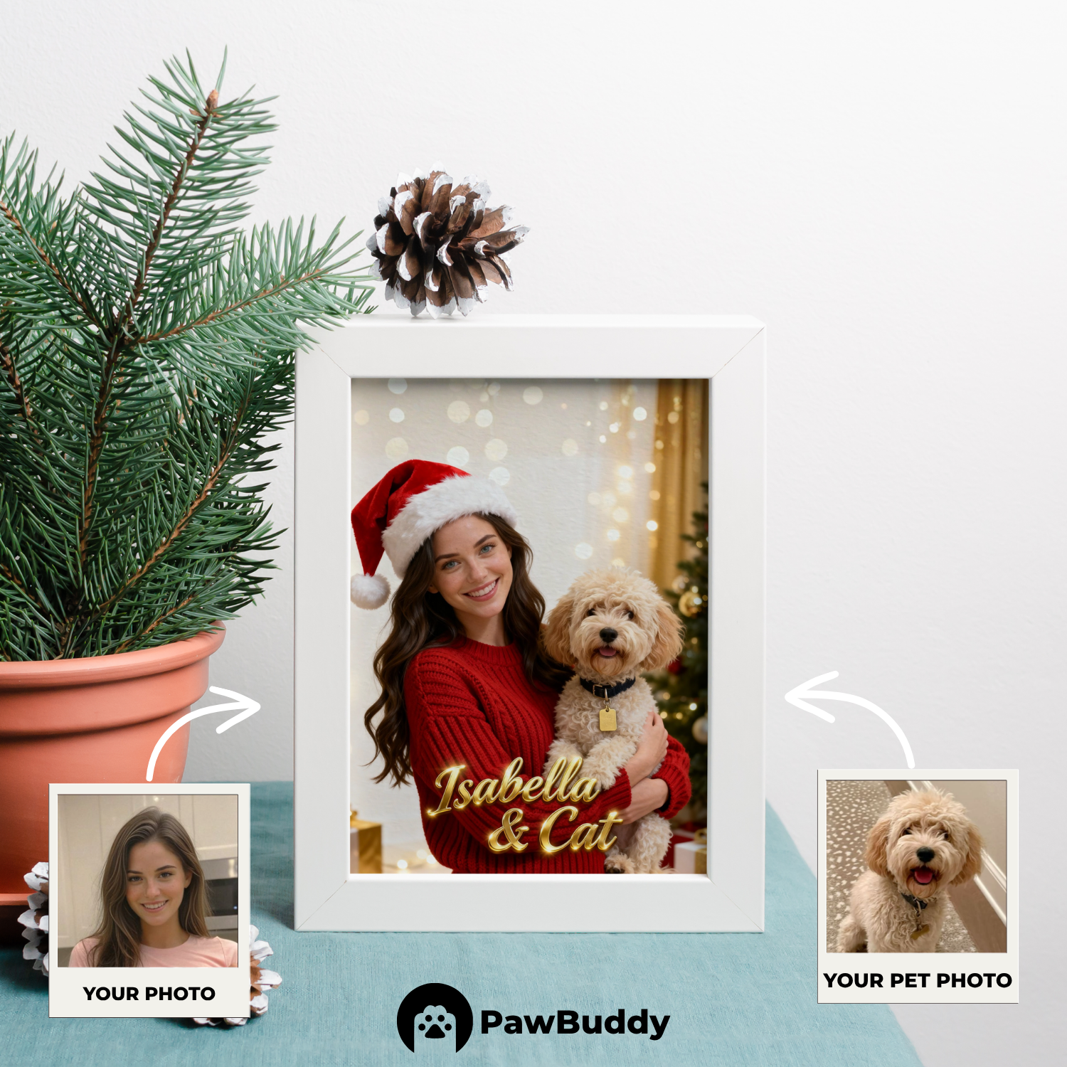 Custom Human & Pet Poster Festive Glow Christmas Portrait – Personalized High-Resolution Matte Print for Wall Art, Home Decor, or Unique Holiday Gifts for Pet Lovers (Frame Not Included)