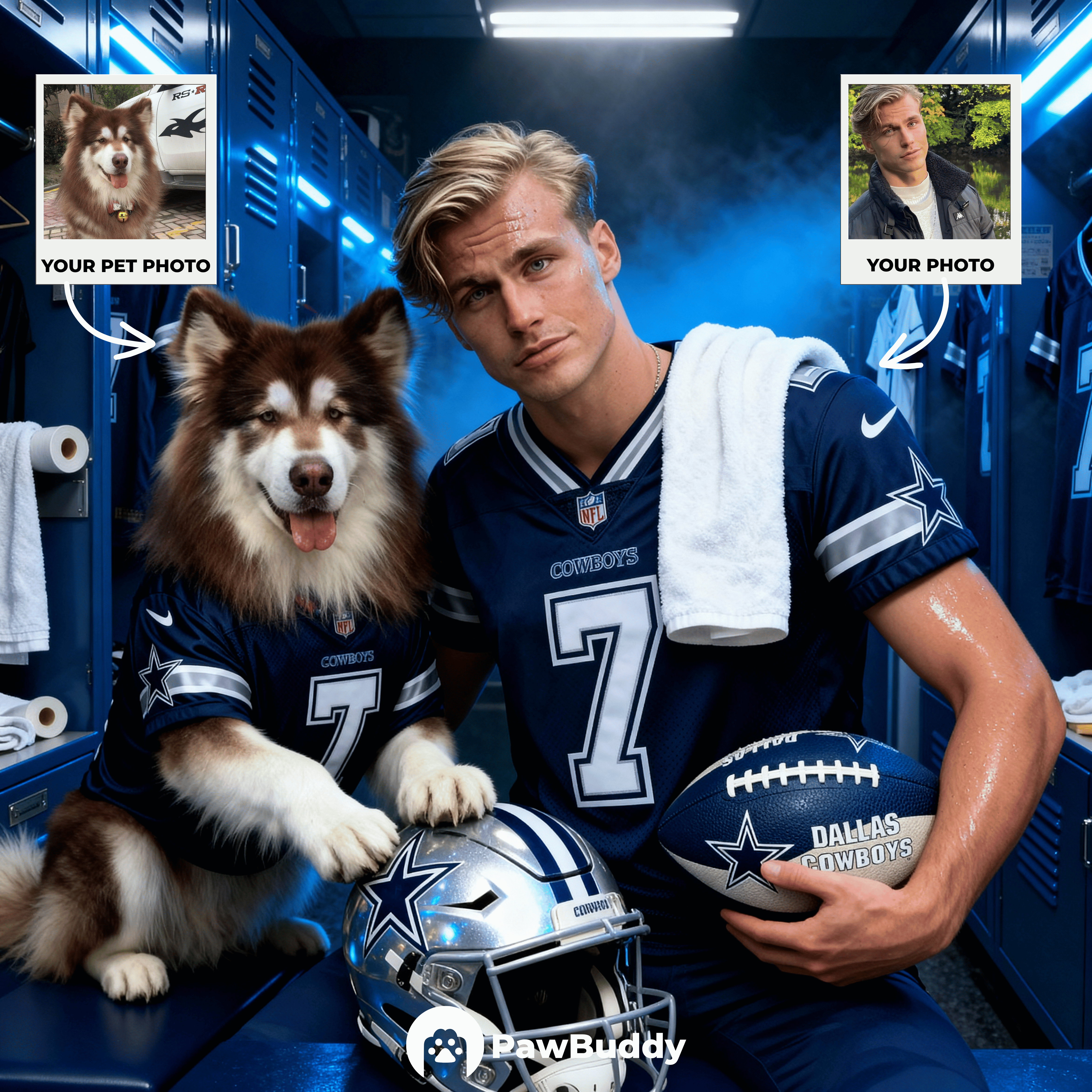 Custom Human & Pet Portrait Sports Locker Room Digital Artwork - Personalized High Resolution Artwork for Pet Lovers, Perfect for Online Sharing or as a Unique Game Day Keepsake