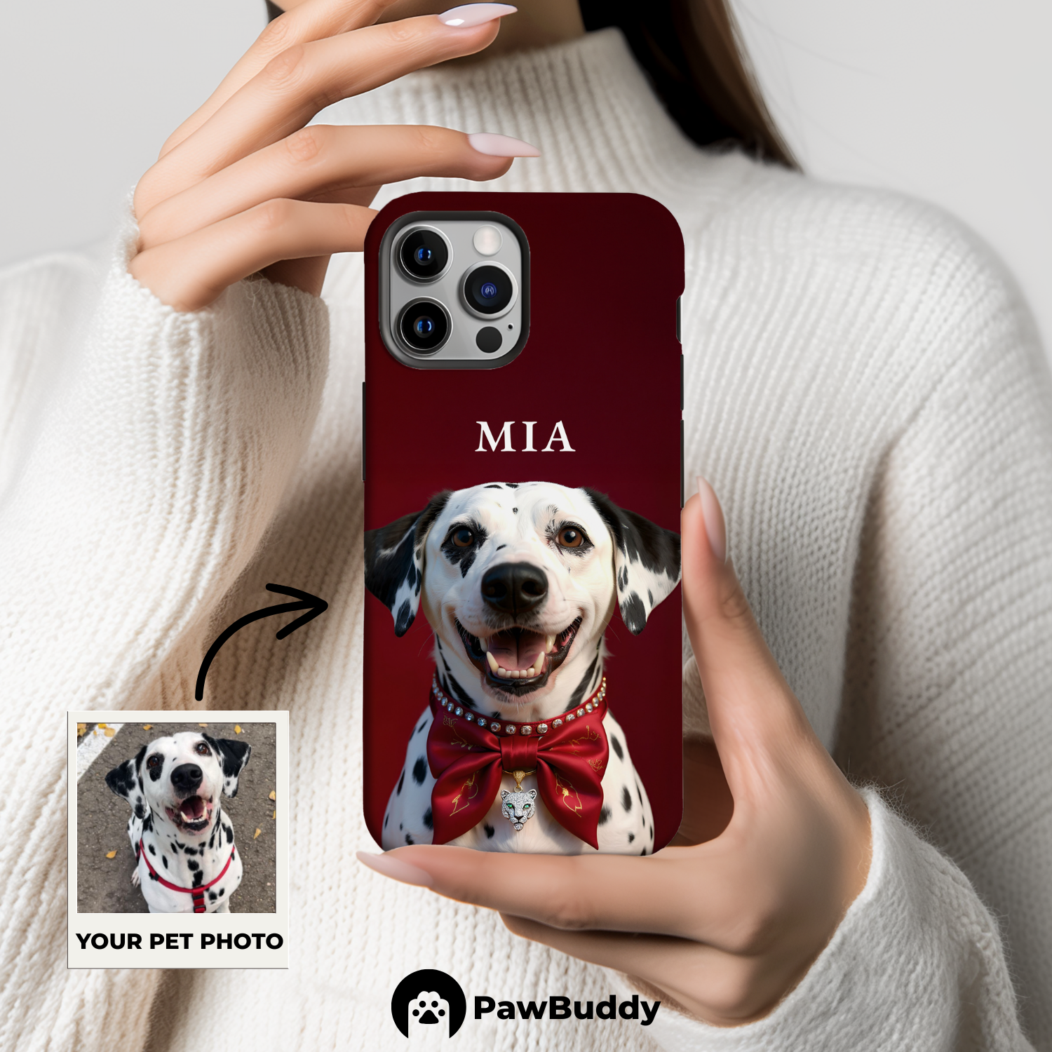 Custom Pet Phone Case for iPhone 11–17, Personalized Luxury Red Scarf Studio Portrait Design, Dual-Layer Shockproof PC+TPU Protective Cover with Glossy Wraparound Printing, Unique Gift for Pet Lovers