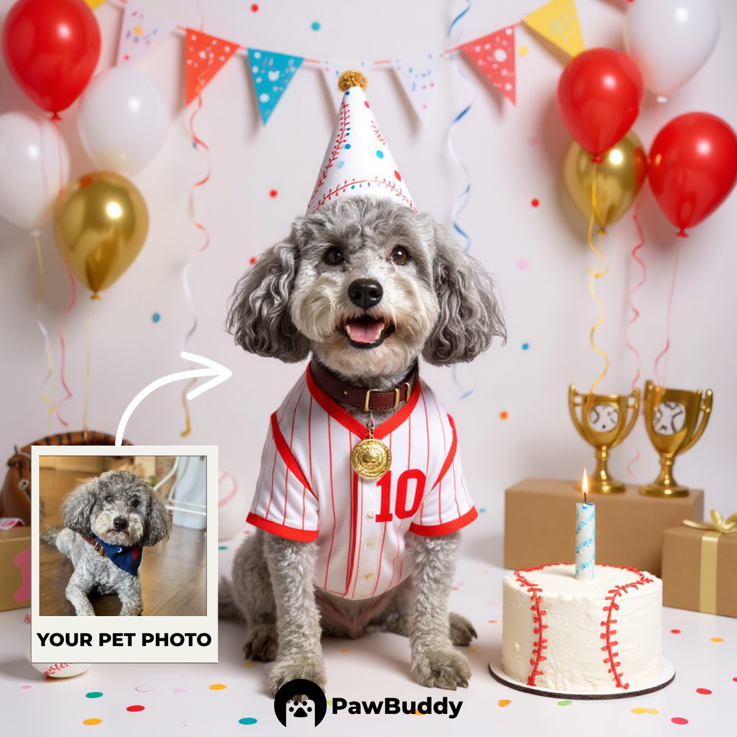 Custom Pet Portrait Home Run Birthday Baseball Style Digital Artwork - Personalized High-Resolution Artwork for Pet Lovers, Perfect for Online Sharing or as a Unique Sports-Themed Keepsake