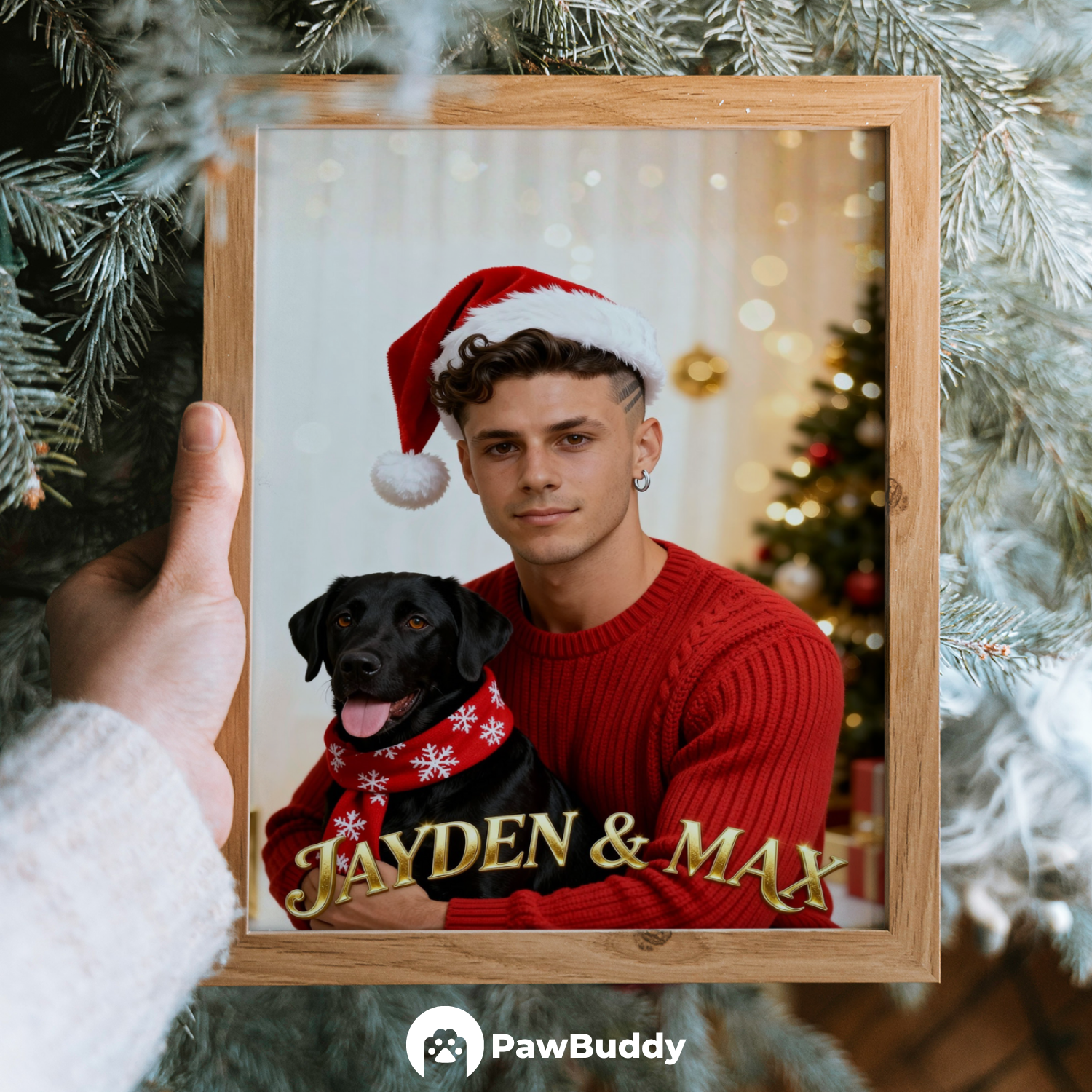 Custom Human & Pet Poster Festive Glow Christmas Portrait – Personalized High-Resolution Matte Print for Wall Art, Home Decor, or Unique Holiday Gifts for Pet Lovers (Frame Not Included)