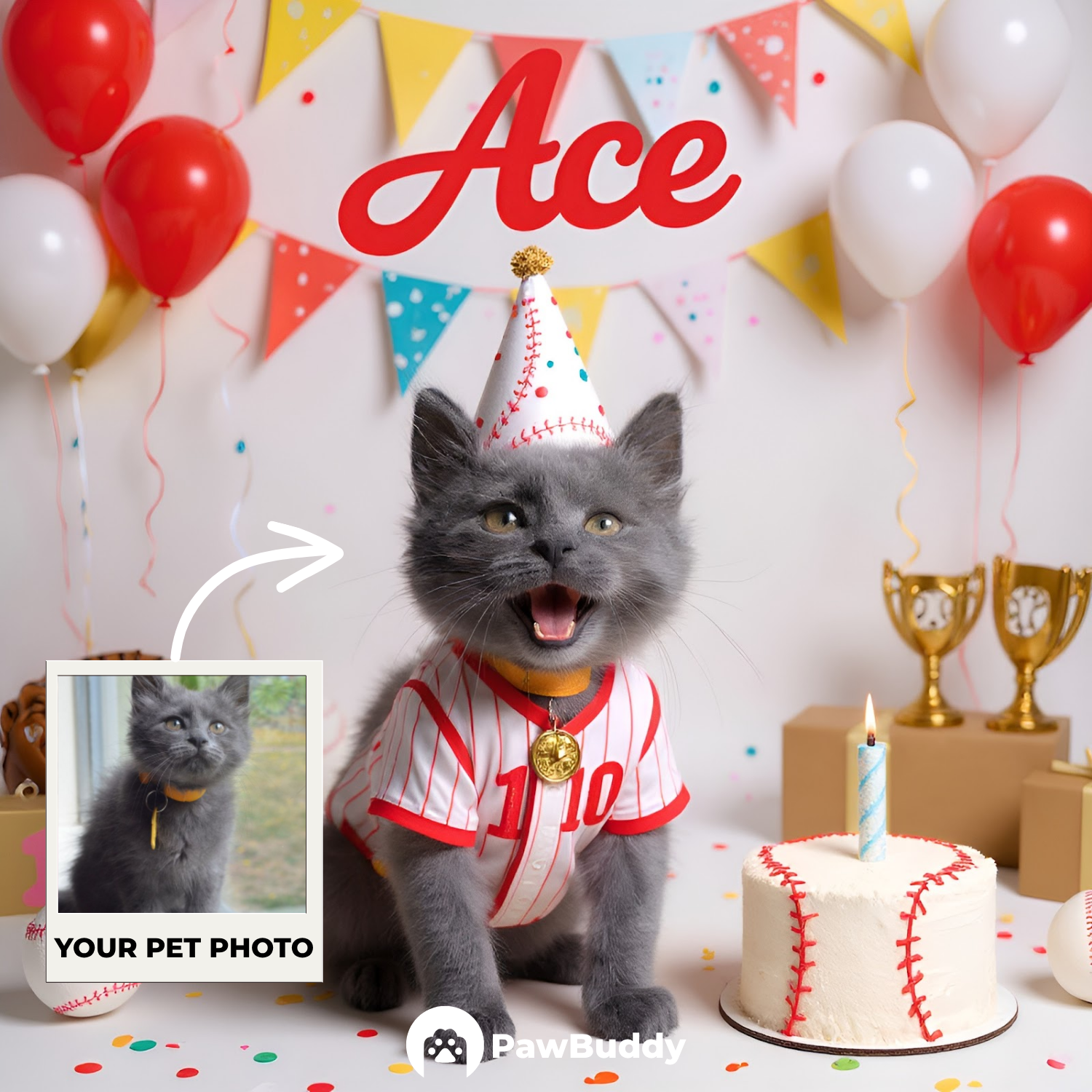 Custom Pet Portrait Home Run Birthday Baseball Style Digital Artwork - Personalized High-Resolution Artwork for Pet Lovers, Perfect for Online Sharing or as a Unique Sports-Themed Keepsake
