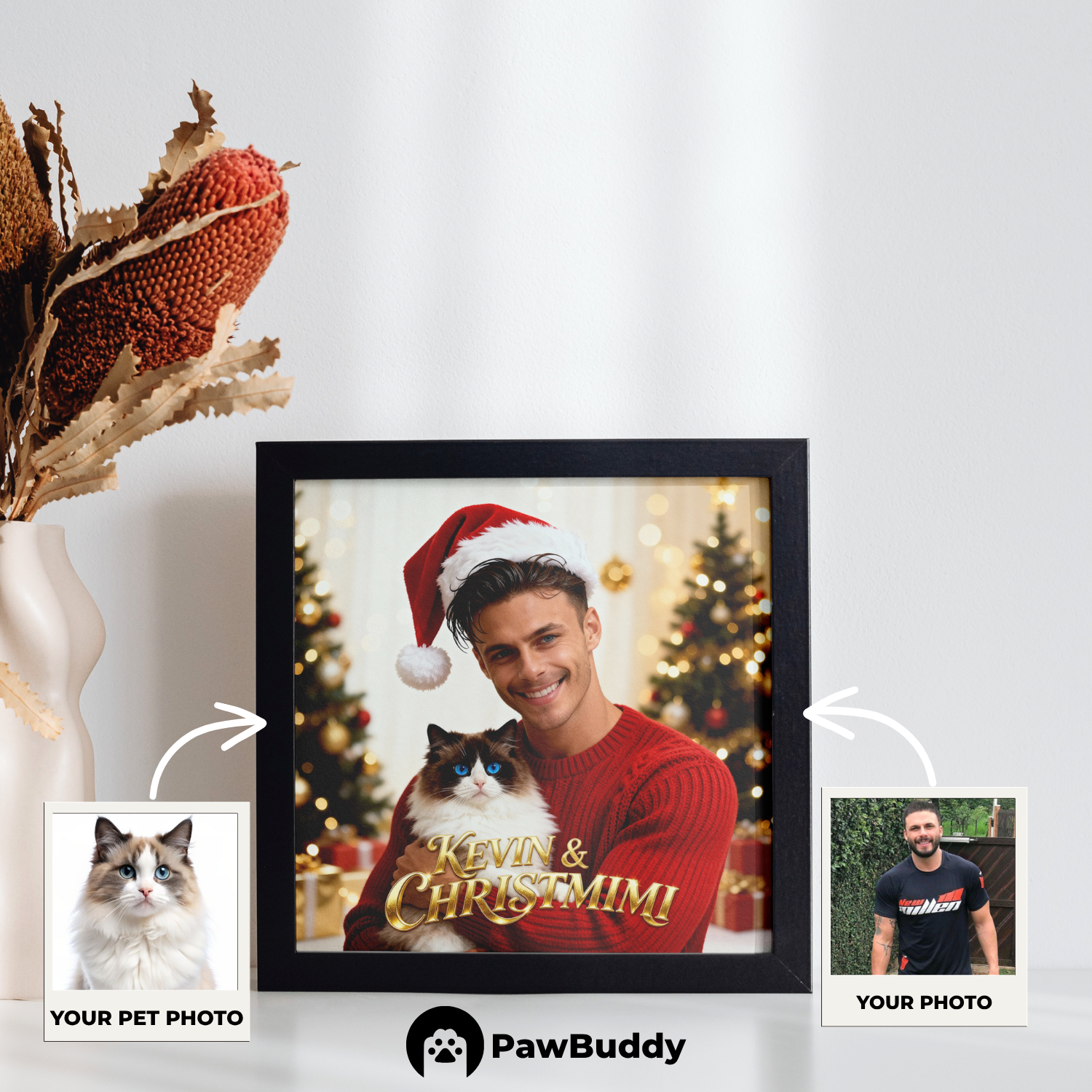 Custom Human & Pet Poster Festive Glow Christmas Portrait – Personalized High-Resolution Matte Print for Wall Art, Home Decor, or Unique Holiday Gifts for Pet Lovers (Frame Not Included)