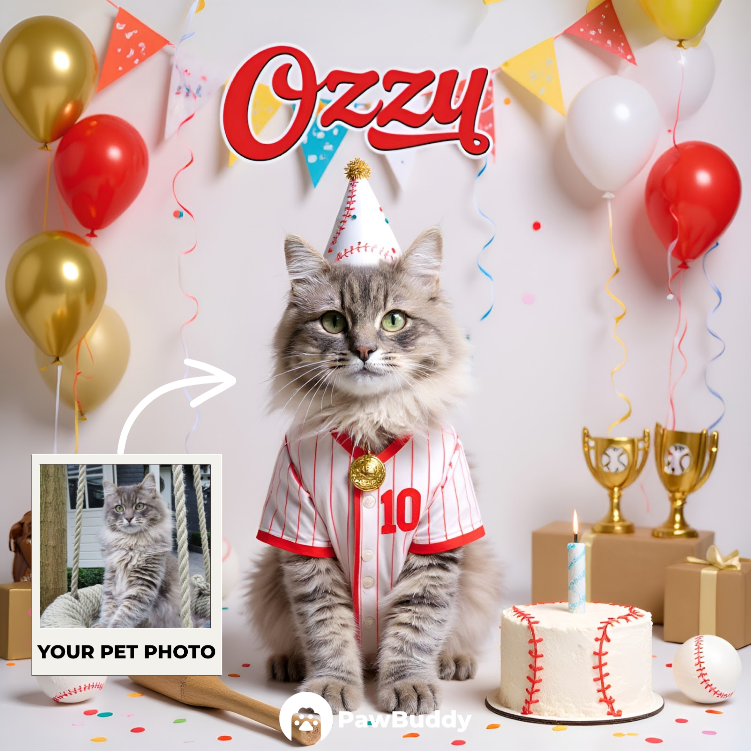 Custom Pet Portrait Home Run Birthday Baseball Style Digital Artwork - Personalized High-Resolution Artwork for Pet Lovers, Perfect for Online Sharing or as a Unique Sports-Themed Keepsake