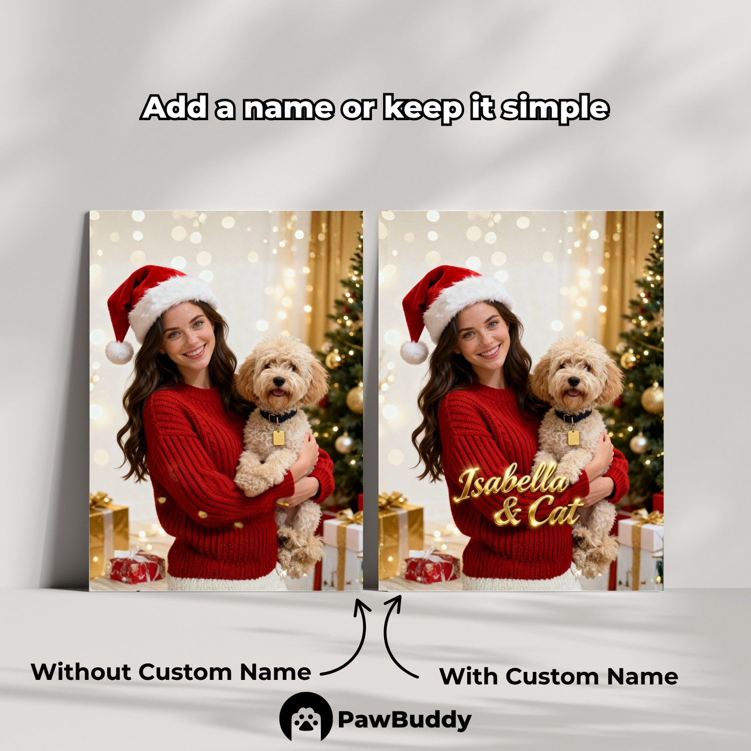 Custom Human & Pet Poster Festive Glow Christmas Portrait – Personalized High-Resolution Matte Print for Wall Art, Home Decor, or Unique Holiday Gifts for Pet Lovers (Frame Not Included)