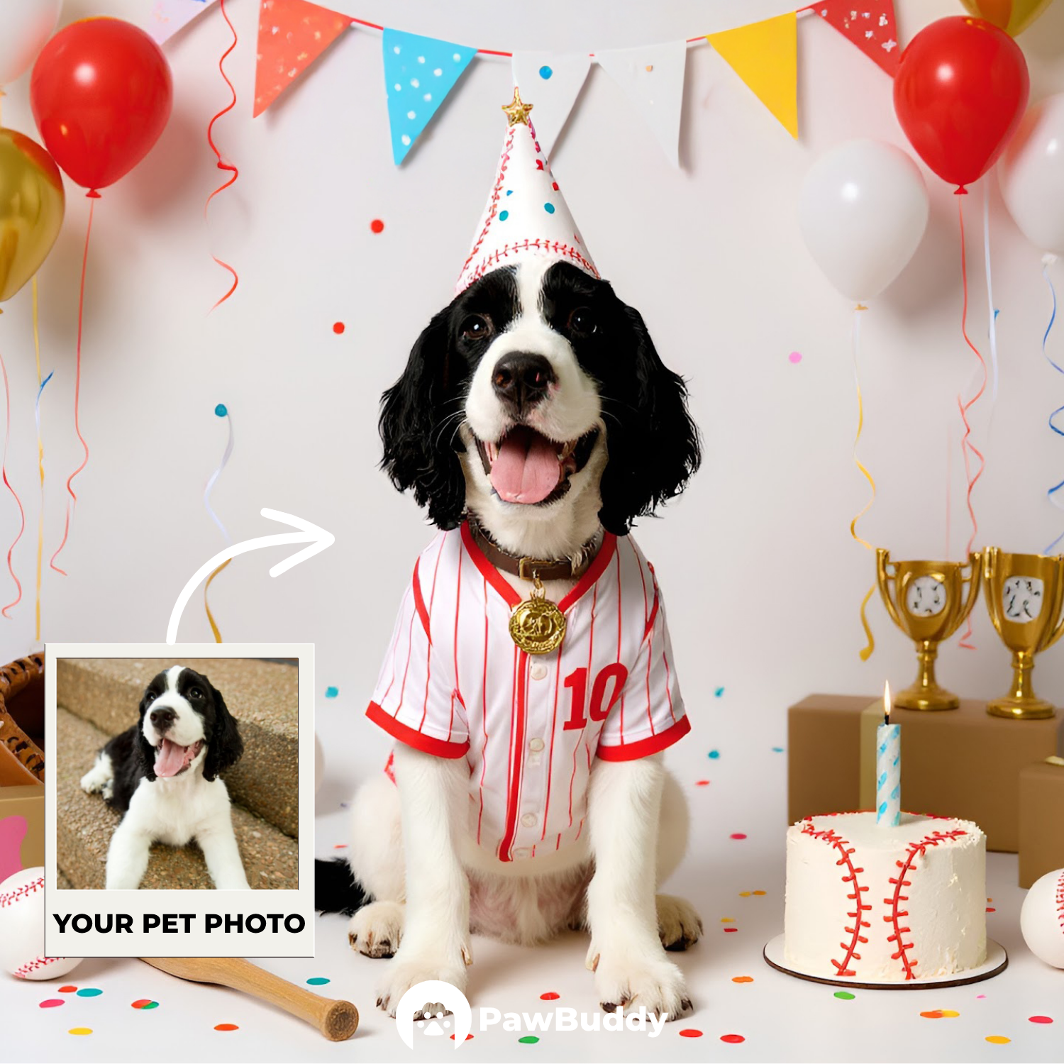 Custom Pet Portrait Home Run Birthday Baseball Style Digital Artwork - Personalized High-Resolution Artwork for Pet Lovers, Perfect for Online Sharing or as a Unique Sports-Themed Keepsake