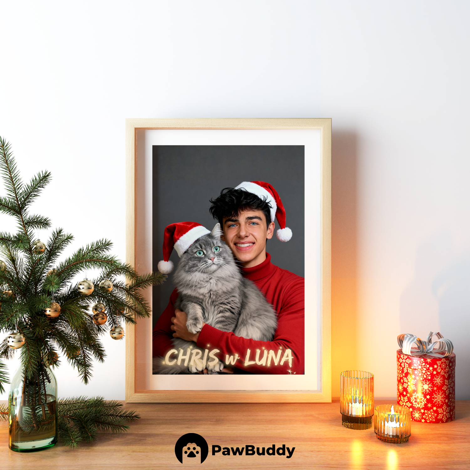 Custom Human & Pet Poster Cozy Christmas Duo Portrait – Personalized High-Resolution Matte Print for Wall Art, Home Decor, or Unique Holiday Gifts for Pet Lovers (Frame Not Included)