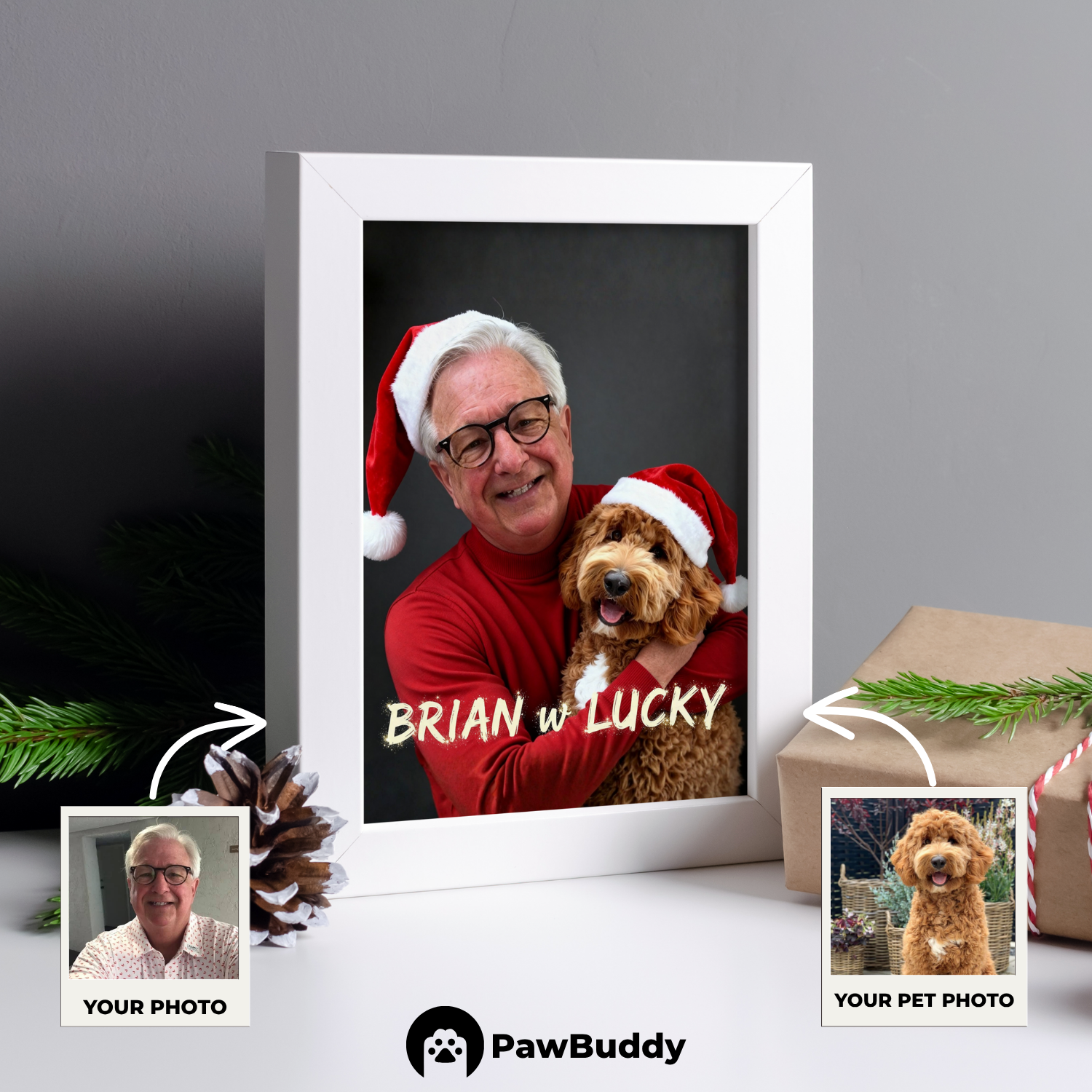 Custom Human & Pet Poster Cozy Christmas Duo Portrait – Personalized High-Resolution Matte Print for Wall Art, Home Decor, or Unique Holiday Gifts for Pet Lovers (Frame Not Included)