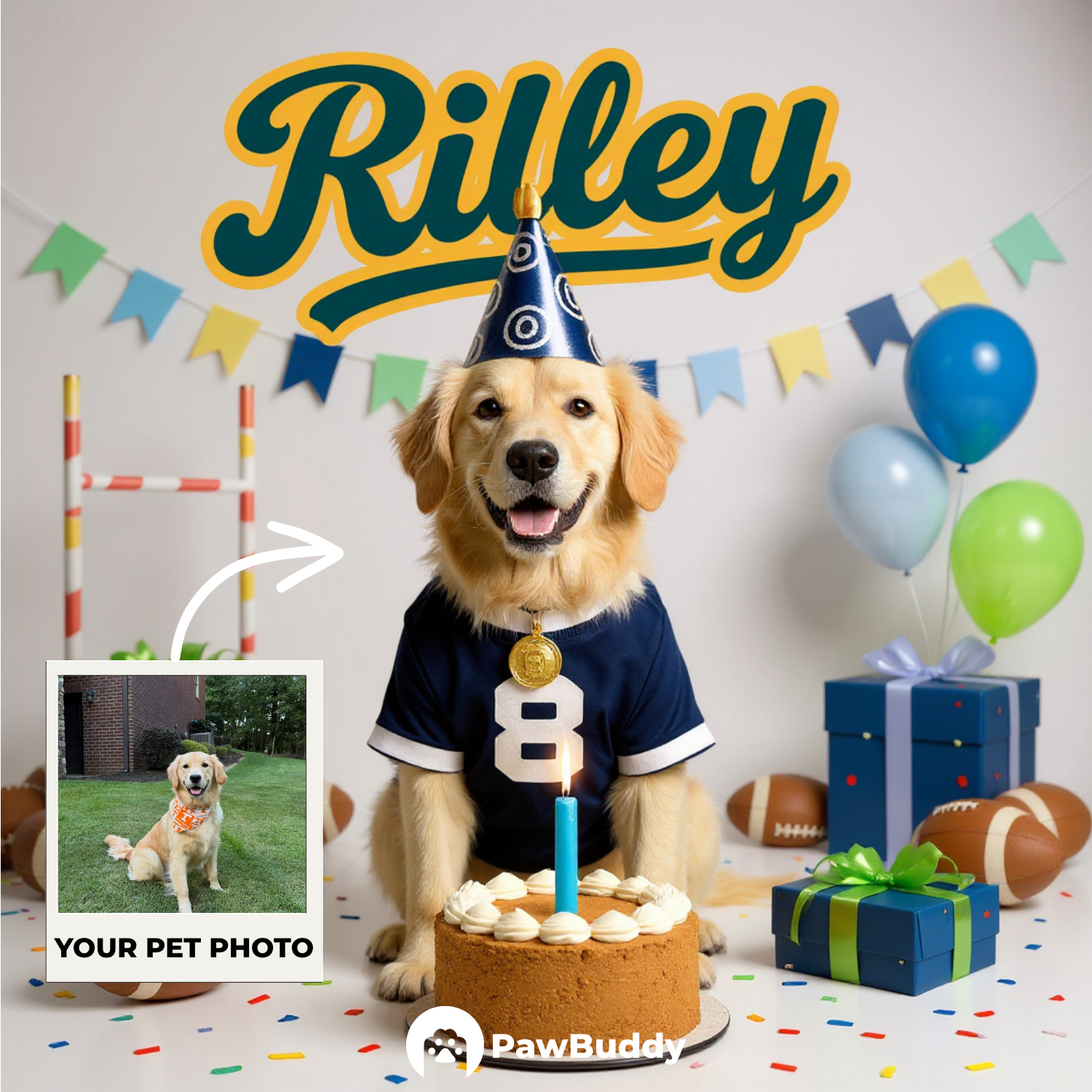 Custom Pet Portrait Game Day Birthday Rugby Style Digital Artwork - Personalized High-Resolution Artwork for Pet Lovers, Perfect for Online Sharing or as a Unique Sports-Themed Keepsake