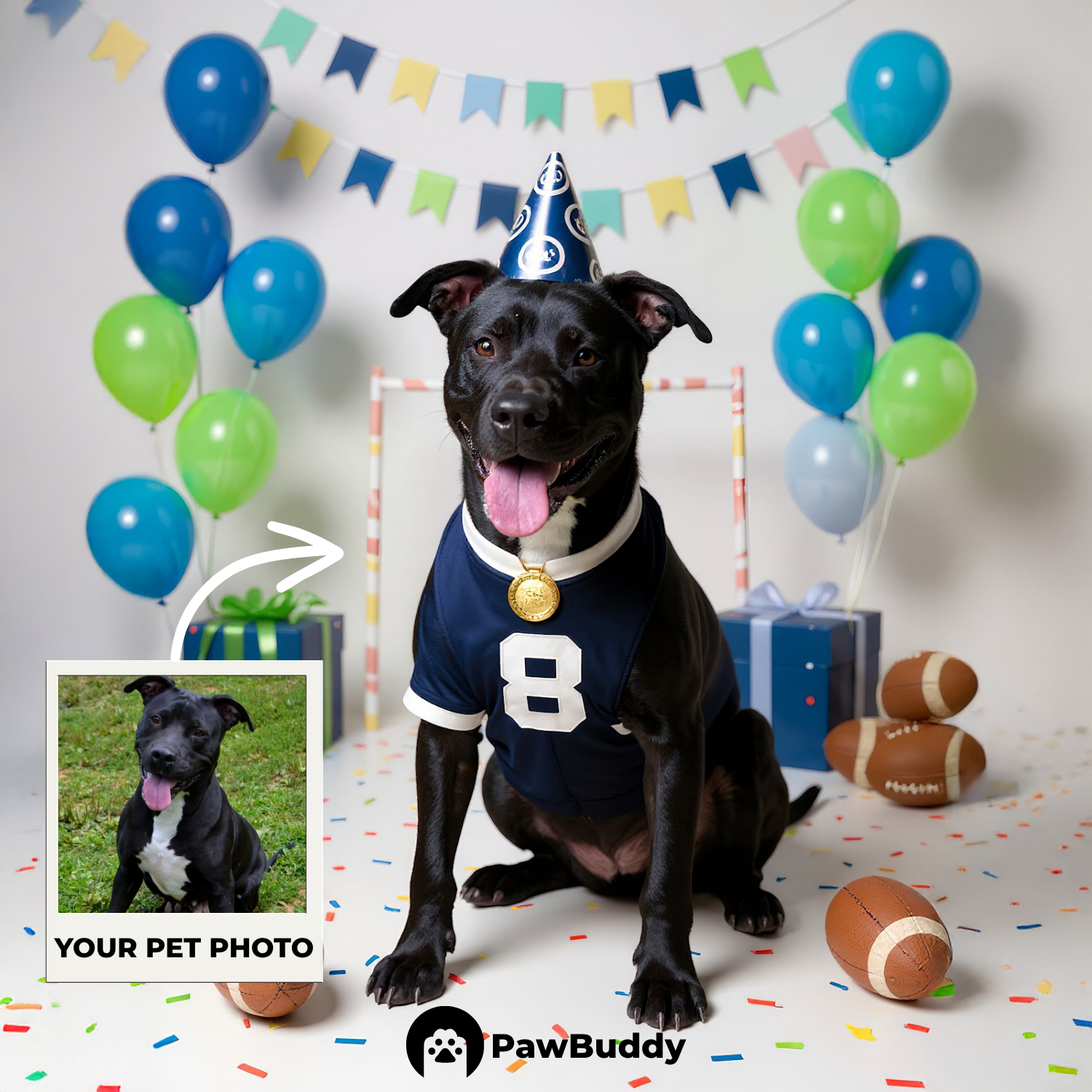 Custom Pet Portrait Game Day Birthday Rugby Style Digital Artwork - Personalized High-Resolution Artwork for Pet Lovers, Perfect for Online Sharing or as a Unique Sports-Themed Keepsake