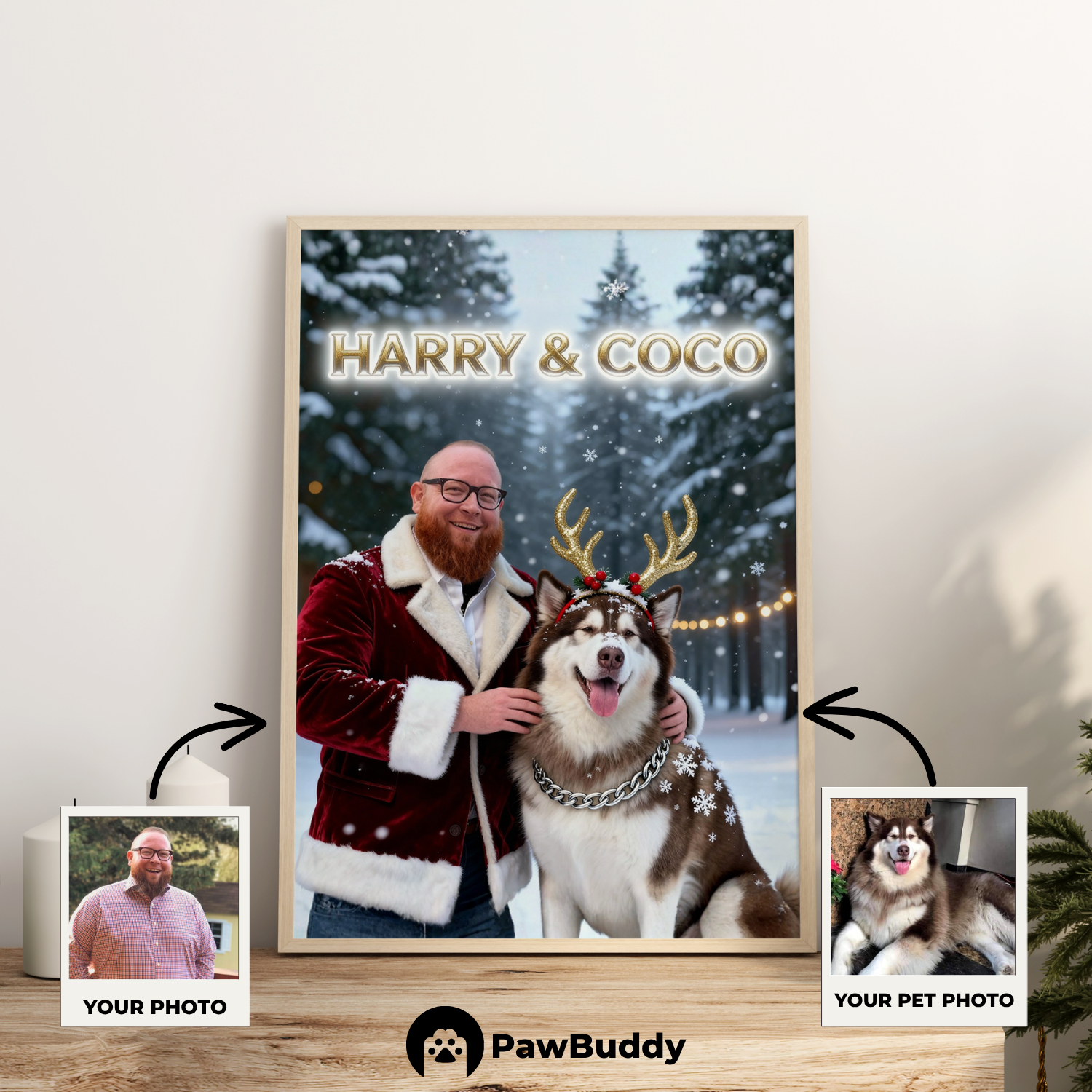 Custom Human & Pet Poster Winter Wonderland Christmas Portrait – Personalized High-Resolution Matte Print for Wall Art, Home Decor, or Unique Holiday Gifts for Pet Lovers (Frame Not Included)