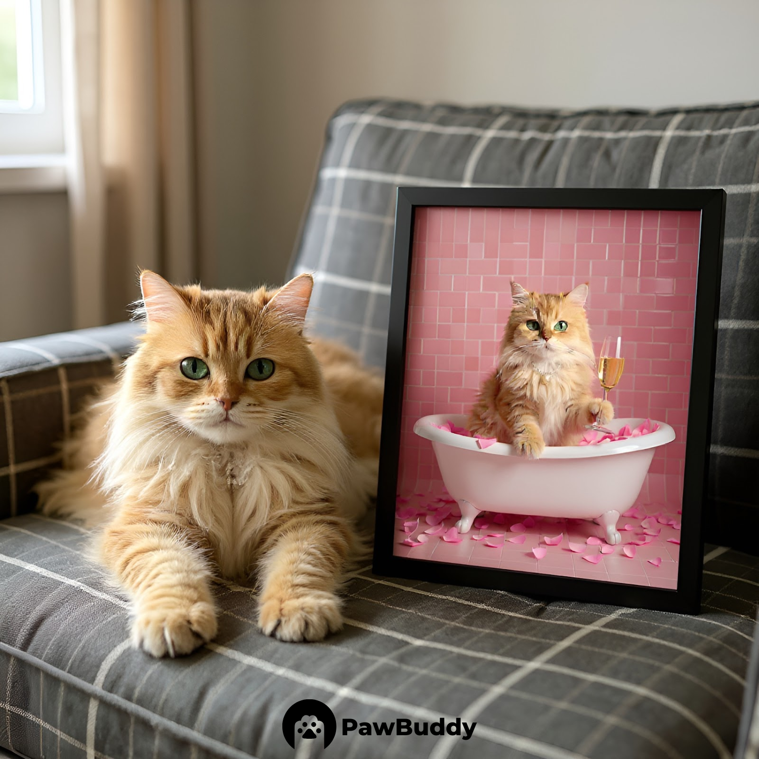 Custom Pet Poster Luxury Bathtub Portrait with Pink Rose Petals and Champagne Glass – Personalized High-Resolution Matte Print for Wall Art, Home Decor, or Unique Gifts for Pet Lovers (Frame Not Included)