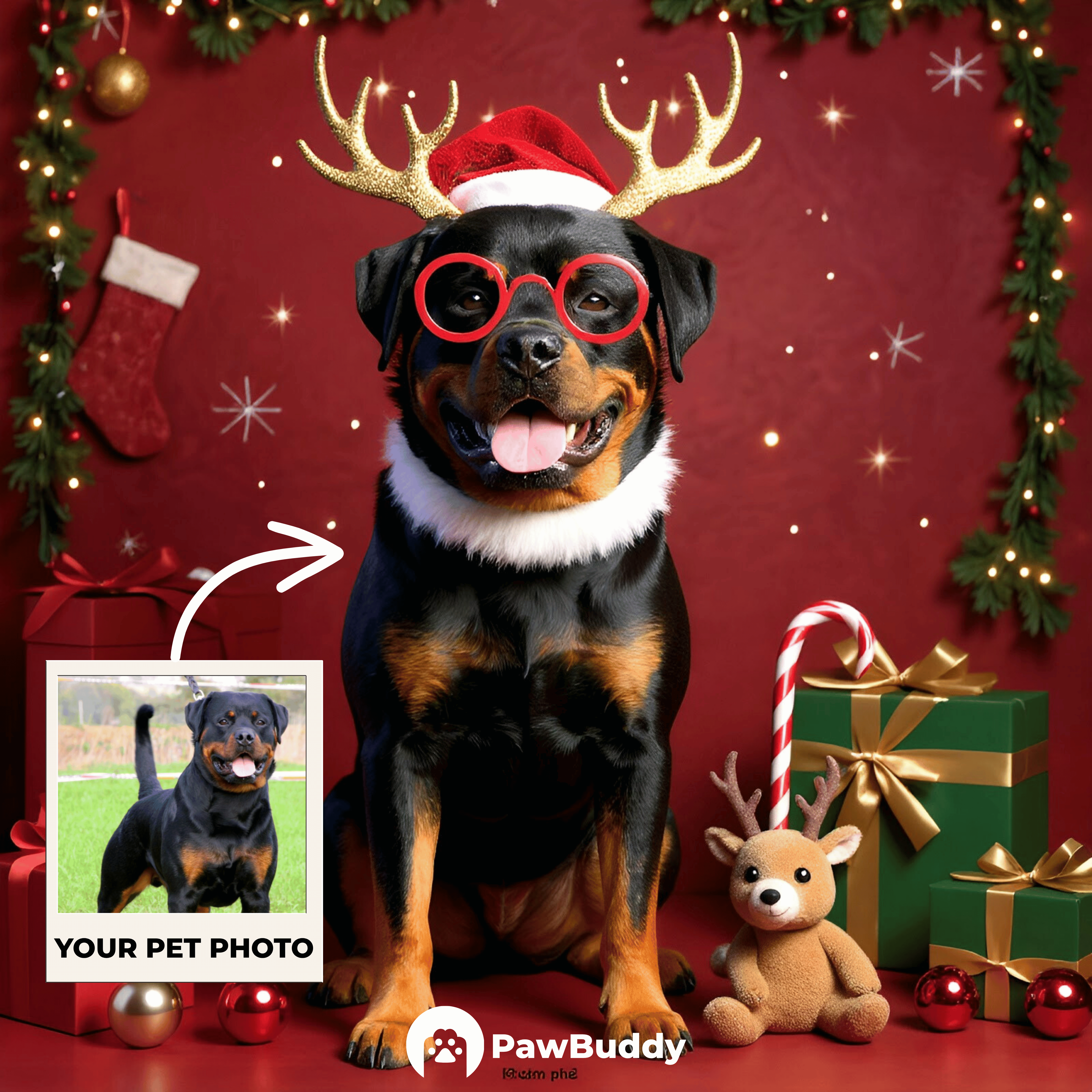 Custom Pet Portrait Festive Red Christmas Style Digital Artwork – Personalized High-Resolution Artwork for Pet Lovers, Perfect for Online Sharing or as a Unique Holiday Keepsake