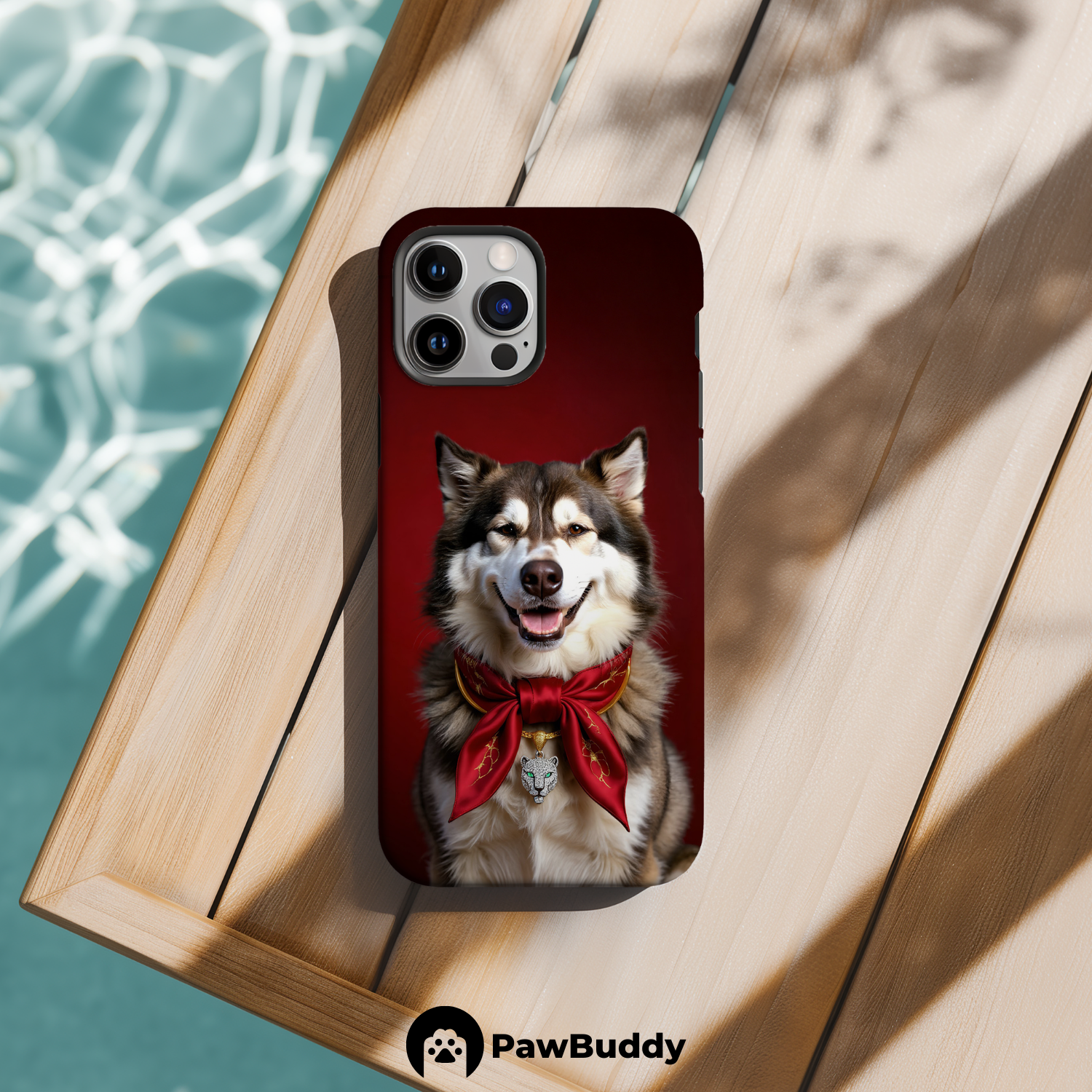 Custom Pet Phone Case for iPhone 11–17, Personalized Luxury Red Scarf Studio Portrait Design, Dual-Layer Shockproof PC+TPU Protective Cover with Glossy Wraparound Printing, Unique Gift for Pet Lovers