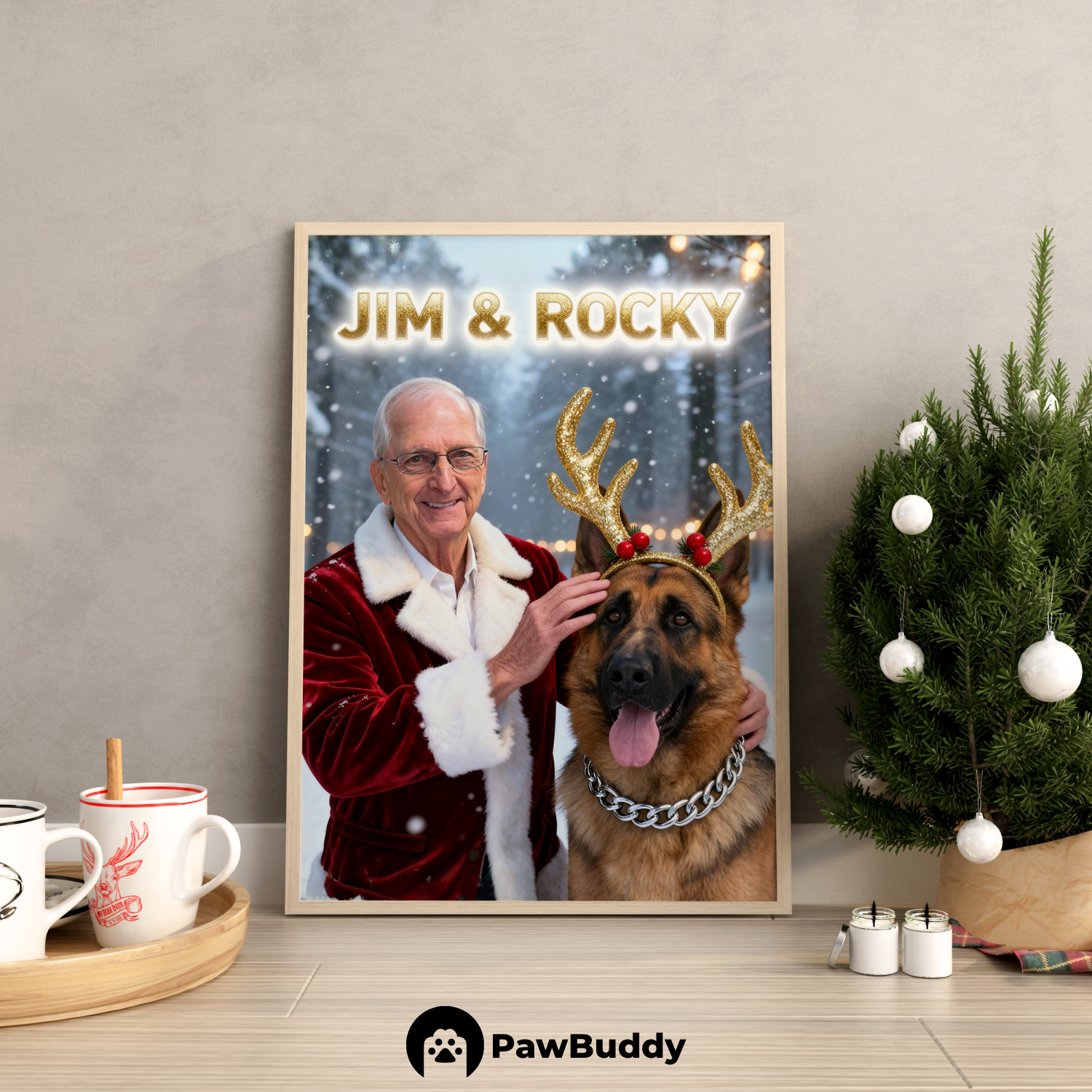 Custom Human & Pet Poster Winter Wonderland Christmas Portrait – Personalized High-Resolution Matte Print for Wall Art, Home Decor, or Unique Holiday Gifts for Pet Lovers (Frame Not Included)