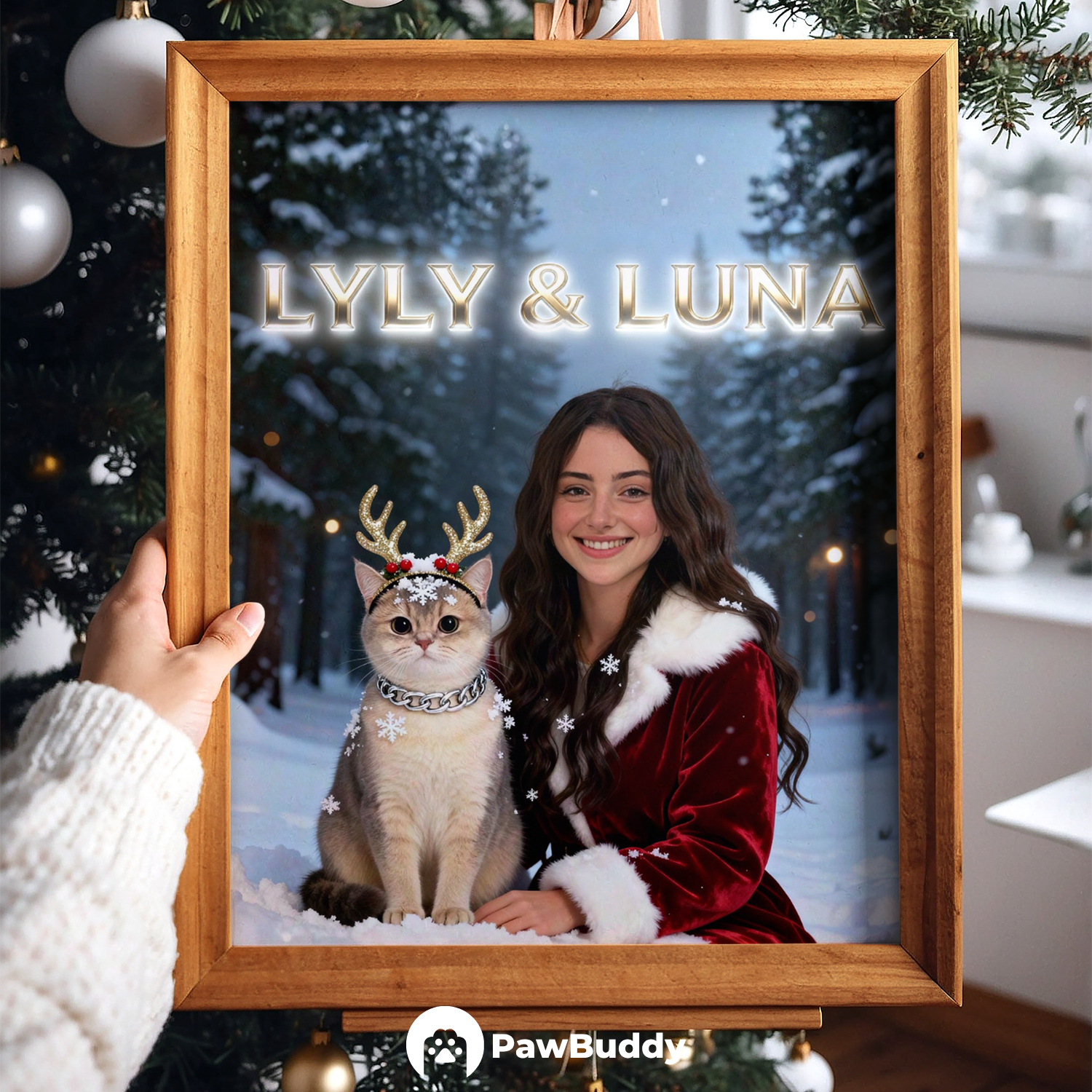 Custom Human & Pet Poster Winter Wonderland Christmas Portrait – Personalized High-Resolution Matte Print for Wall Art, Home Decor, or Unique Holiday Gifts for Pet Lovers (Frame Not Included)