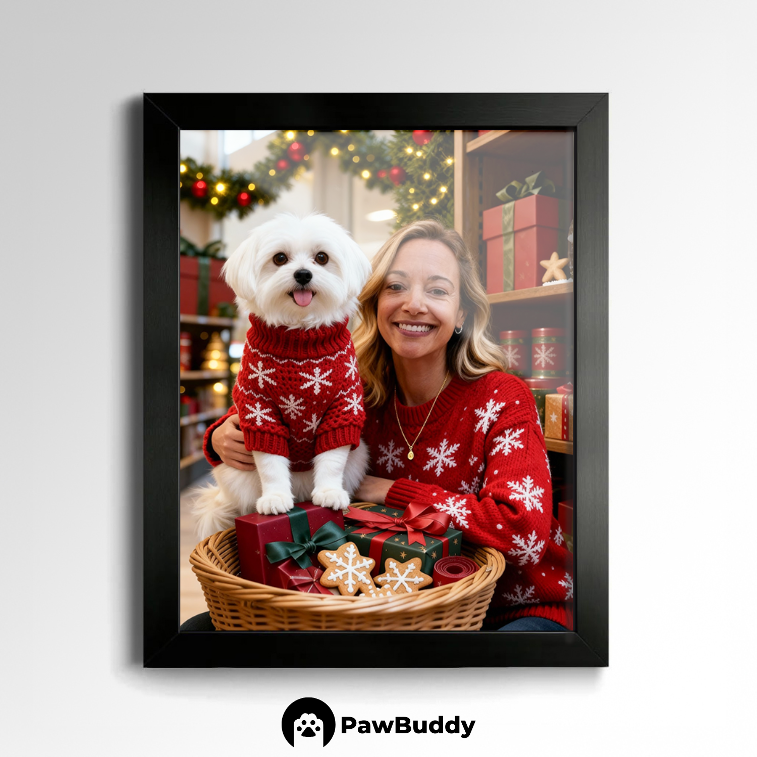 Custom Human & Pet Poster Festive Gift Basket Christmas Portrait – Personalized High-Resolution Matte Print for Wall Art, Home Decor, or Unique Holiday Gifts for Pet Lovers (Frame Not Included)