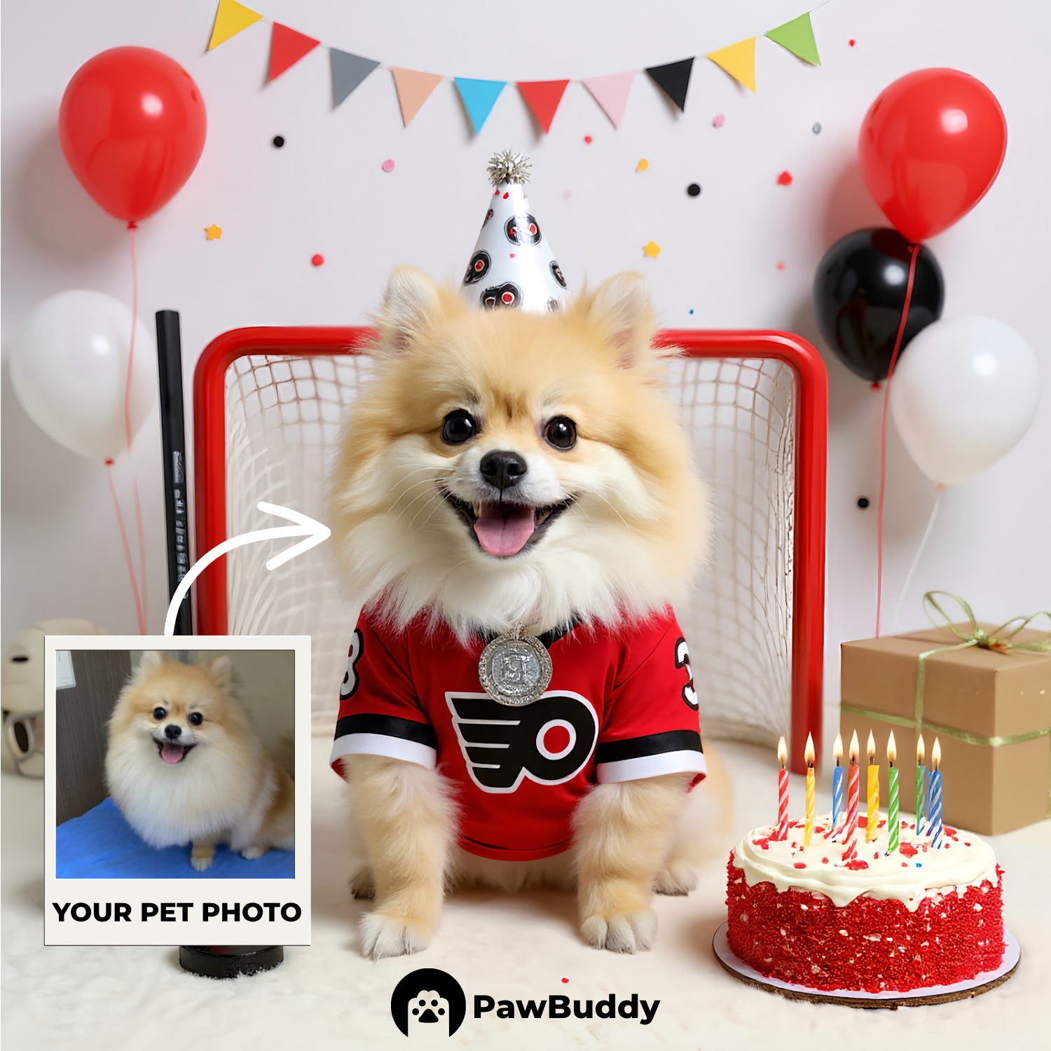 Custom Pet Portrait Ice Champ Birthday Hockey Style Digital Artwork - Personalized High-Resolution Artwork for Pet Lovers, Perfect for Online Sharing or as a Unique Sports-Themed Keepsake
