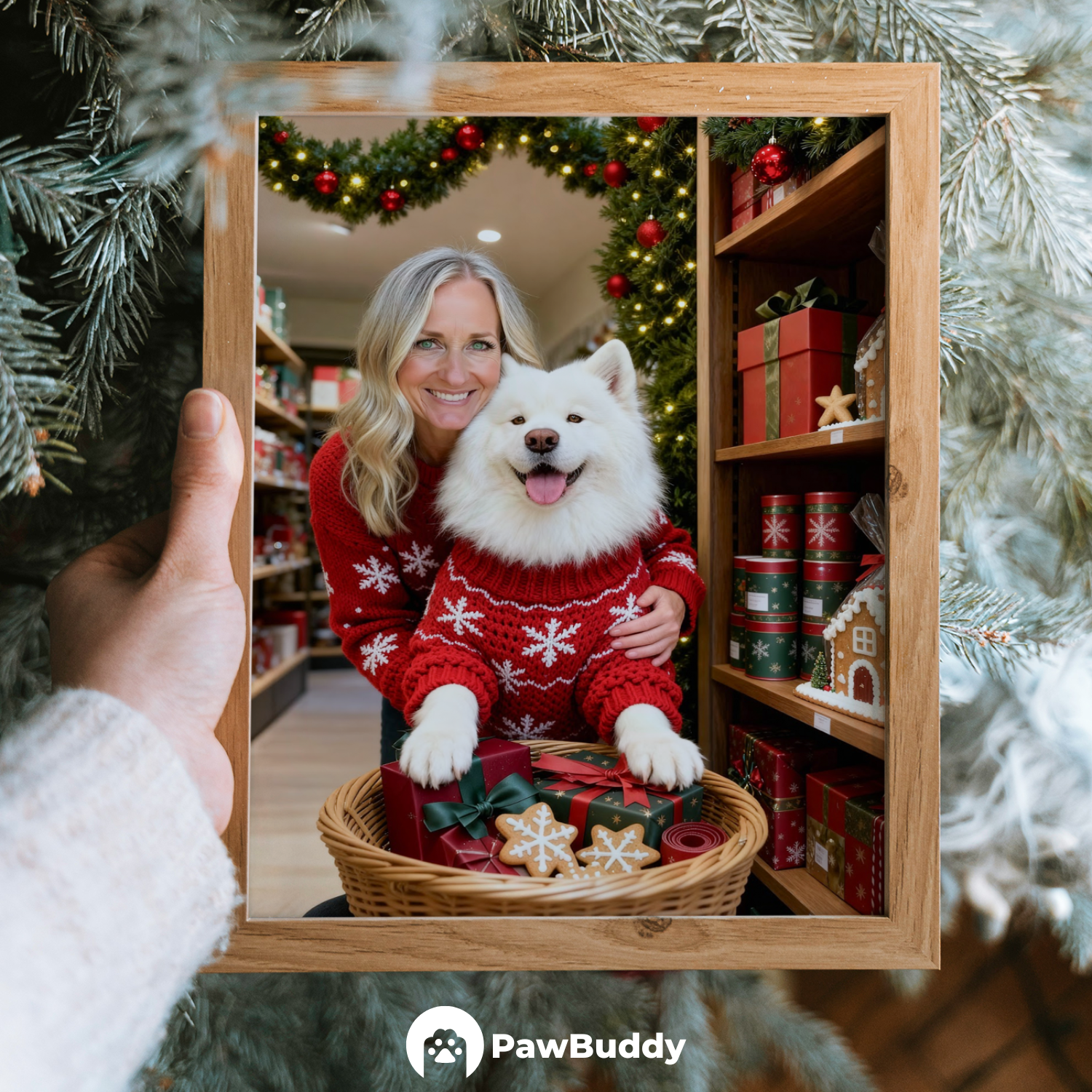 Custom Human & Pet Poster Festive Gift Basket Christmas Portrait – Personalized High-Resolution Matte Print for Wall Art, Home Decor, or Unique Holiday Gifts for Pet Lovers (Frame Not Included)