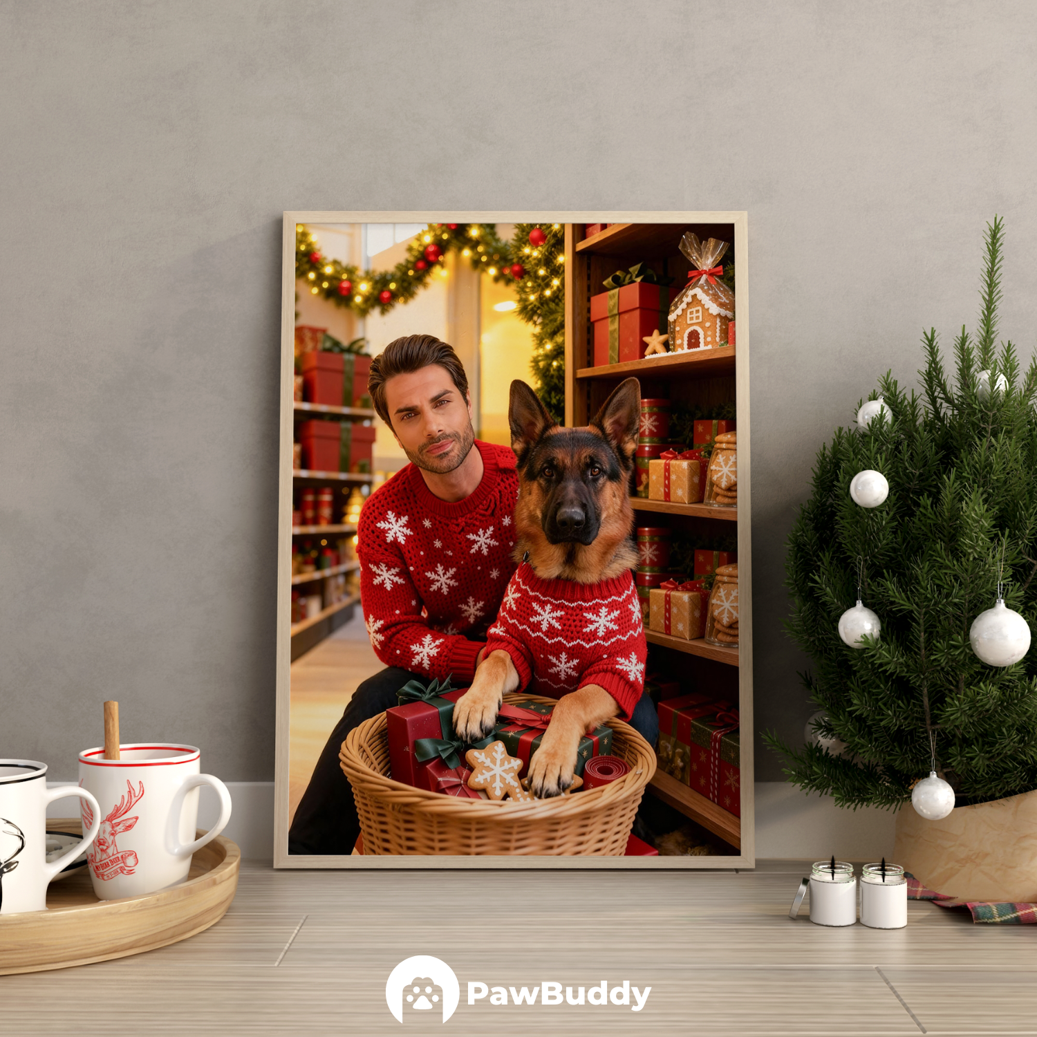 Custom Human & Pet Poster Festive Gift Basket Christmas Portrait – Personalized High-Resolution Matte Print for Wall Art, Home Decor, or Unique Holiday Gifts for Pet Lovers (Frame Not Included)