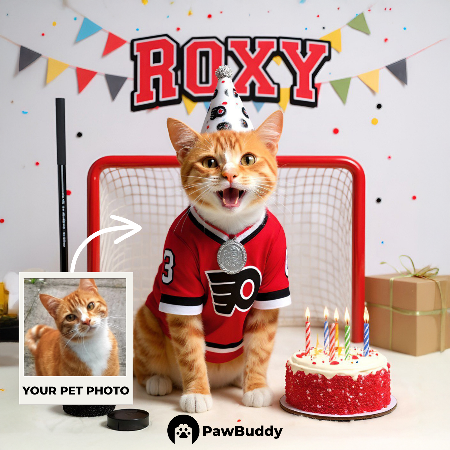 Custom Pet Portrait Ice Champ Birthday Hockey Style Digital Artwork - Personalized High-Resolution Artwork for Pet Lovers, Perfect for Online Sharing or as a Unique Sports-Themed Keepsake