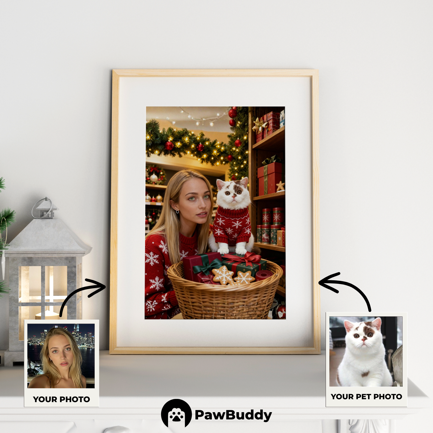 Custom Human & Pet Poster Festive Gift Basket Christmas Portrait – Personalized High-Resolution Matte Print for Wall Art, Home Decor, or Unique Holiday Gifts for Pet Lovers (Frame Not Included)