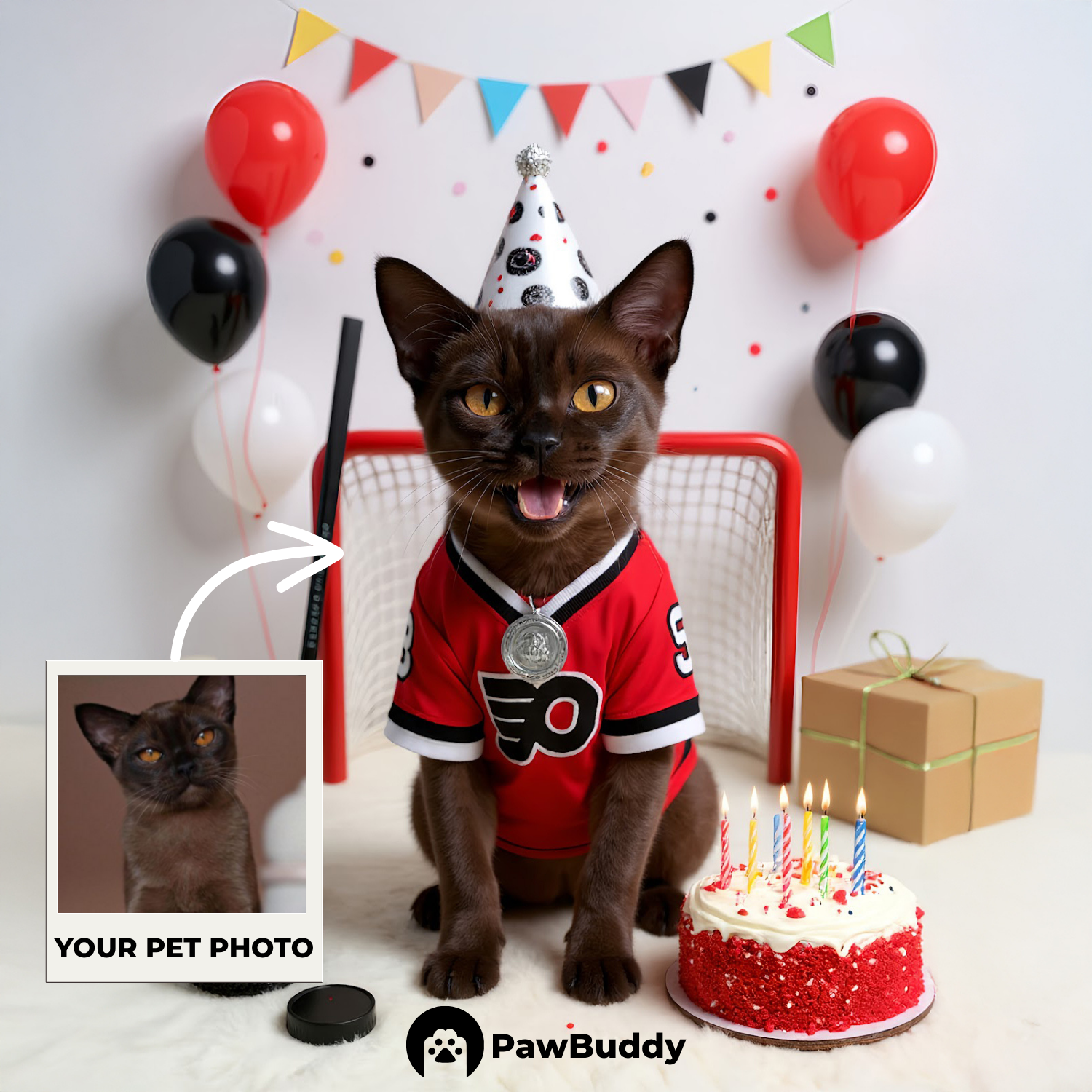 Custom Pet Portrait Ice Champ Birthday Hockey Style Digital Artwork - Personalized High-Resolution Artwork for Pet Lovers, Perfect for Online Sharing or as a Unique Sports-Themed Keepsake