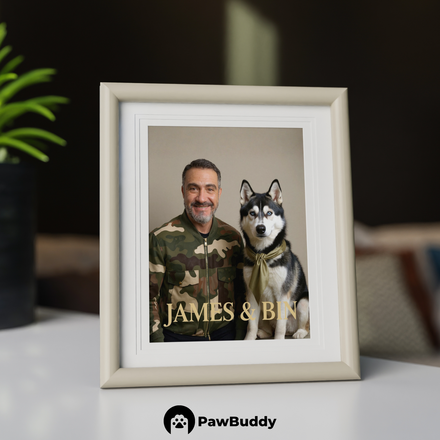 Custom Human & Pet Poster Urban Camo Chic Portrait – Personalized High-Resolution Matte Print for Wall Art, Home Decor, or Unique Luxury-Inspired Gifts for Pet Lovers (Frame Not Included)
