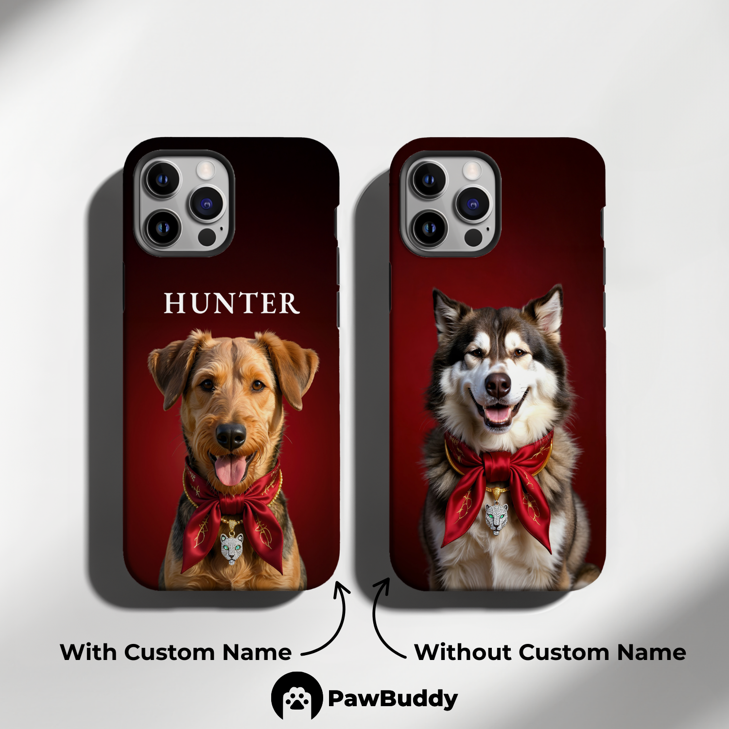 Custom Pet Phone Case for iPhone 11–17, Personalized Luxury Red Scarf Studio Portrait Design, Dual-Layer Shockproof PC+TPU Protective Cover with Glossy Wraparound Printing, Unique Gift for Pet Lovers