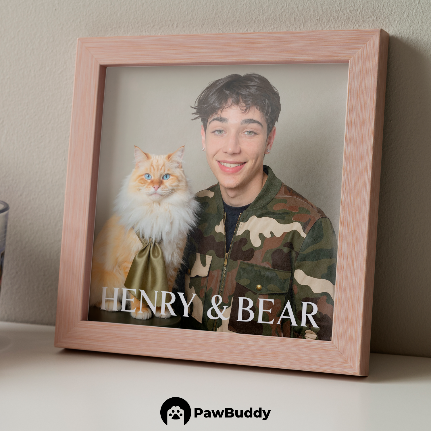 Custom Human & Pet Poster Urban Camo Chic Portrait – Personalized High-Resolution Matte Print for Wall Art, Home Decor, or Unique Luxury-Inspired Gifts for Pet Lovers (Frame Not Included)