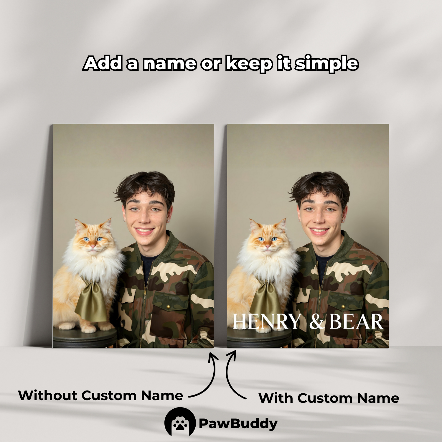 Custom Human & Pet Poster Urban Camo Chic Portrait – Personalized High-Resolution Matte Print for Wall Art, Home Decor, or Unique Luxury-Inspired Gifts for Pet Lovers (Frame Not Included)