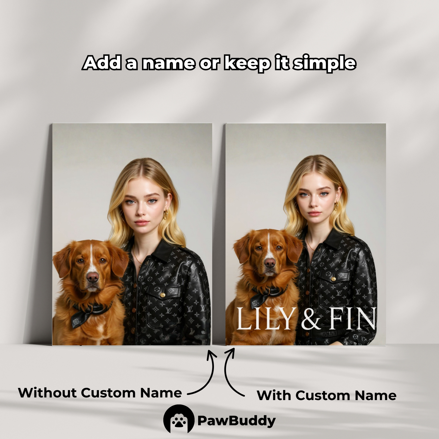 Custom Human & Pet Poster Monogram Noir Duo Portrait – Personalized High Resolution Matte Print for Wall Art, Home Decor, or Unique Luxury-Inspired Gifts for Pet Lovers (Frame Not Included)