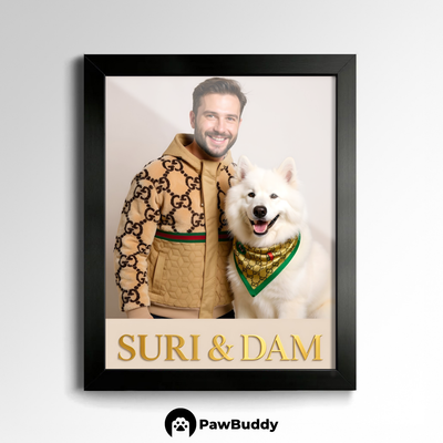 Custom Human & Pet Poster Golden Elegance Luxury Portrait – Personalized High-Resolution Matte Print for Wall Art, Home Decor, or Unique Fashion-Inspired Gifts for Pet Lovers (Frame Not Included)
