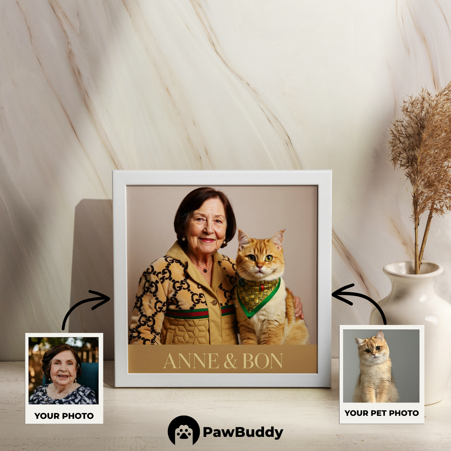 Custom Human & Pet Poster Golden Elegance Luxury Portrait – Personalized High-Resolution Matte Print for Wall Art, Home Decor, or Unique Fashion-Inspired Gifts for Pet Lovers (Frame Not Included)