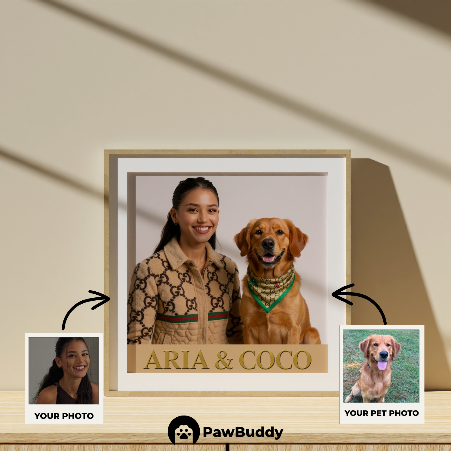 Custom Human & Pet Poster Golden Elegance Luxury Portrait – Personalized High-Resolution Matte Print for Wall Art, Home Decor, or Unique Fashion-Inspired Gifts for Pet Lovers (Frame Not Included)