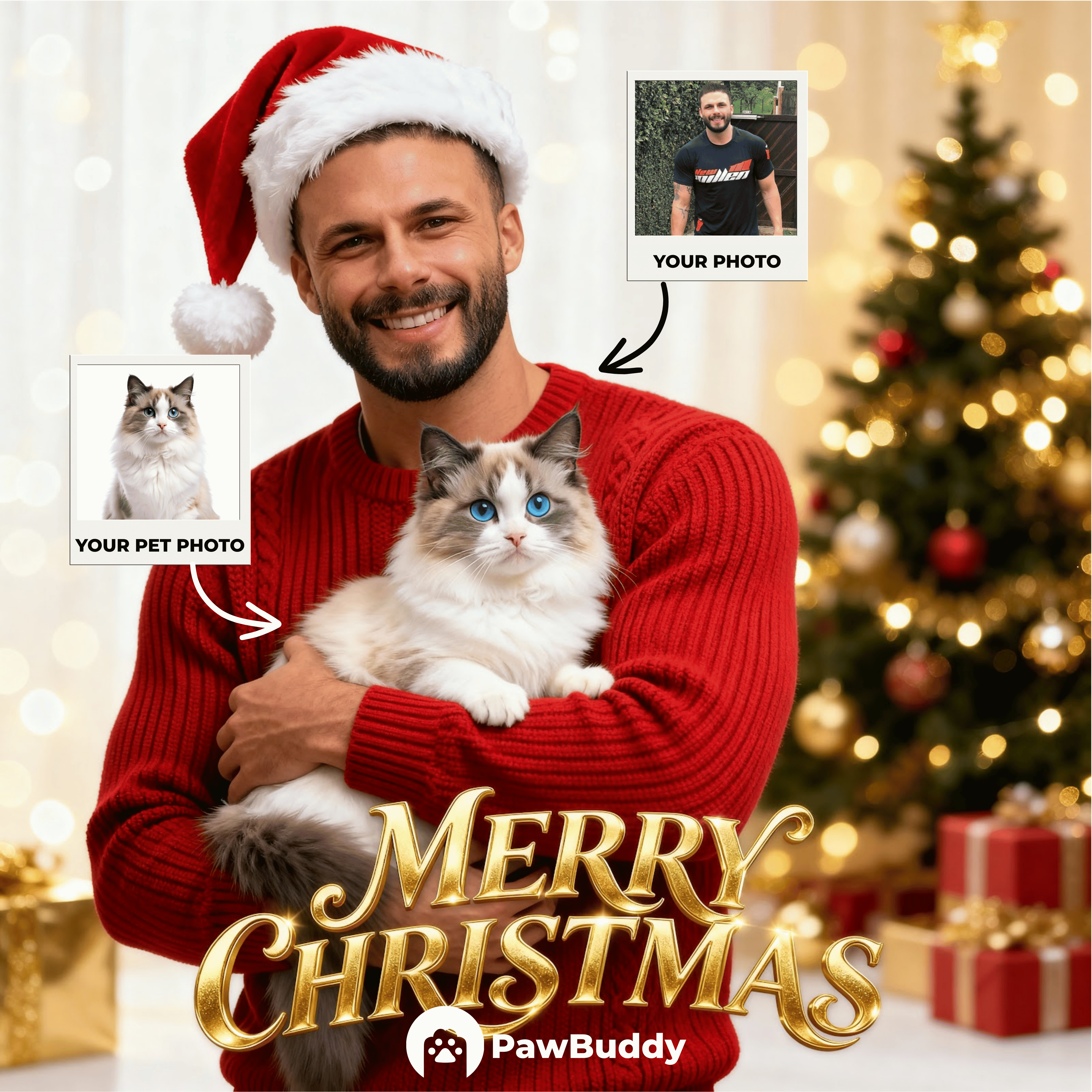 Custom Human & Pet Portrait Merry Glow Christmas Digital Artwork - Personalized High Resolution Artwork for Pet Lovers, Perfect for Online Sharing or as a Unique Holiday Keepsake