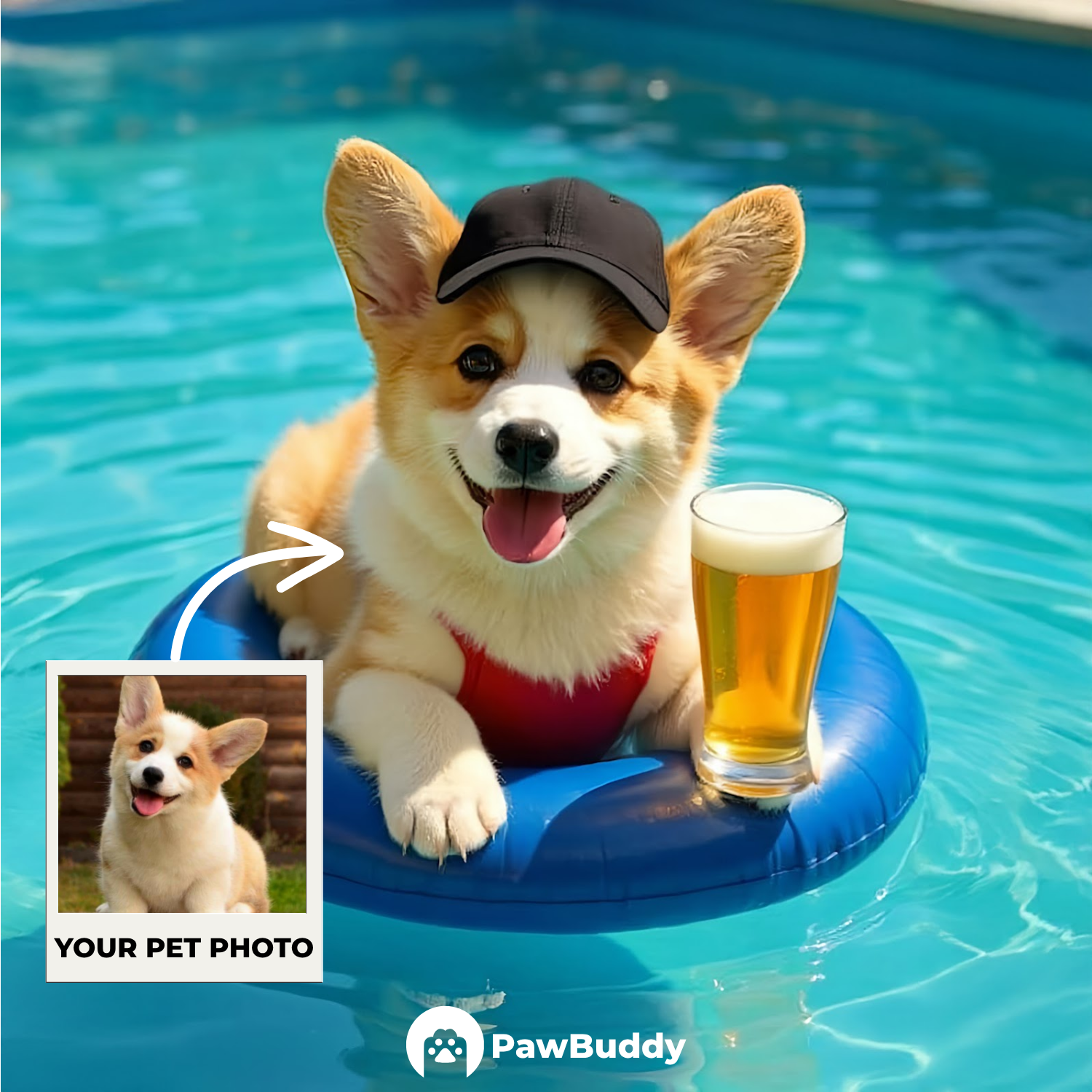 Custom Pet Portrait Ocean Blue Tropical Relax Pool Style Digital Artwork - Personalized High-Resolution Artwork for Pet Lovers, Perfect for Online Sharing or as a Unique Summer-Themed Keepsake