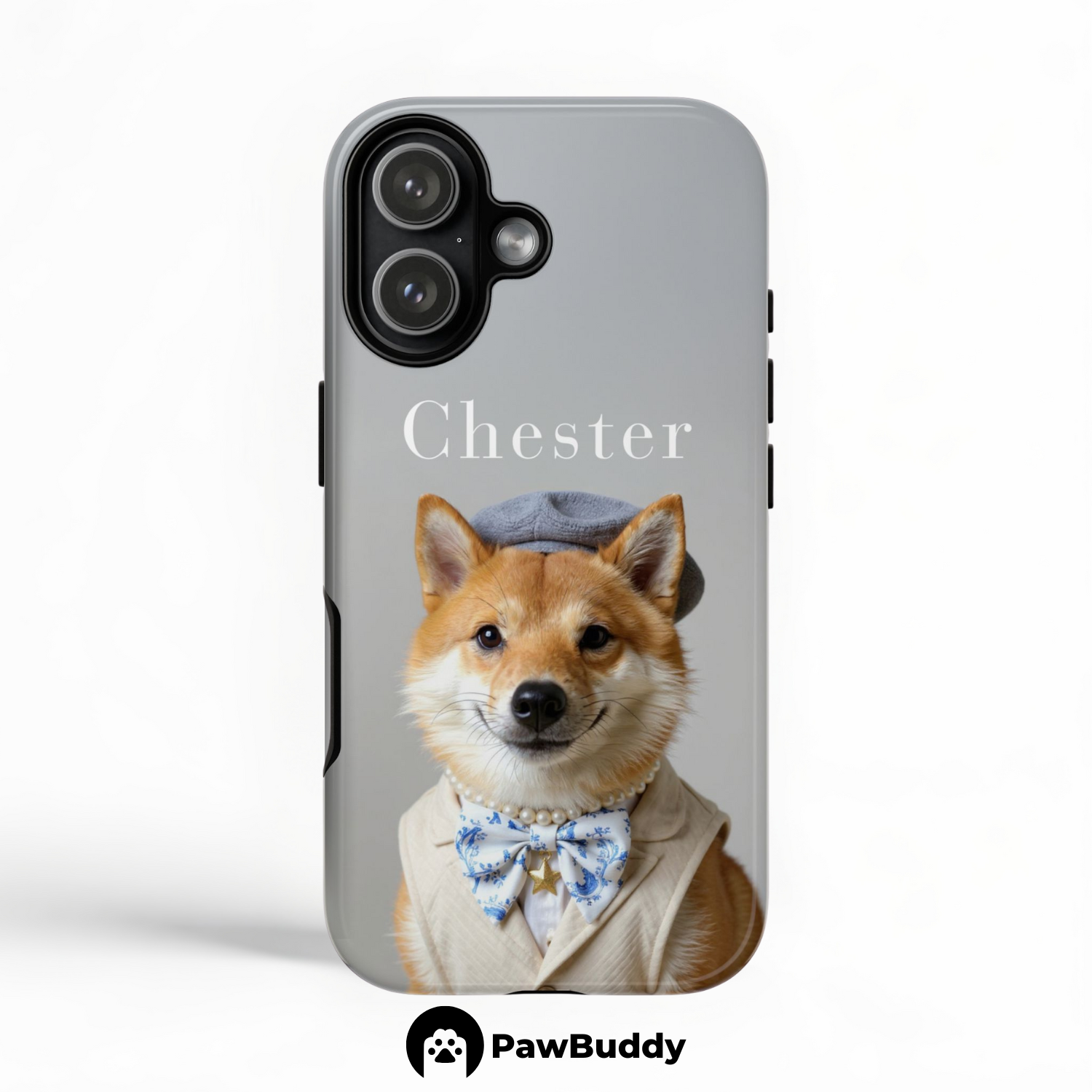Custom Pet Phone Case for iPhone 11–17, Personalized Elegant Studio Portrait Beige Suit and Bow Tie Design, Dual-Layer Shockproof PC+TPU Protective Cover with Glossy Wraparound Printing, Unique Gift for Pet Lovers