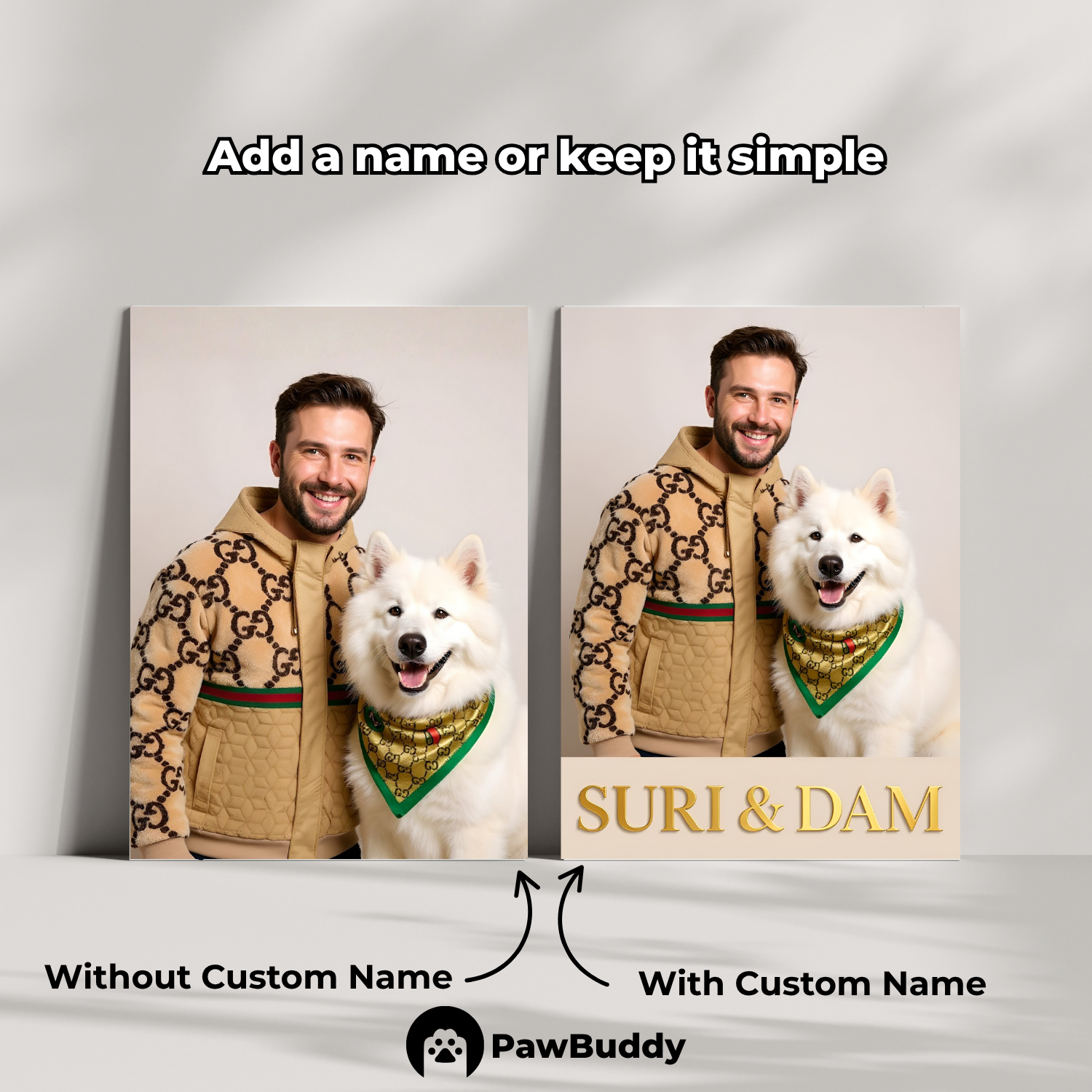 Custom Human & Pet Poster Golden Elegance Luxury Portrait – Personalized High-Resolution Matte Print for Wall Art, Home Decor, or Unique Fashion-Inspired Gifts for Pet Lovers (Frame Not Included)