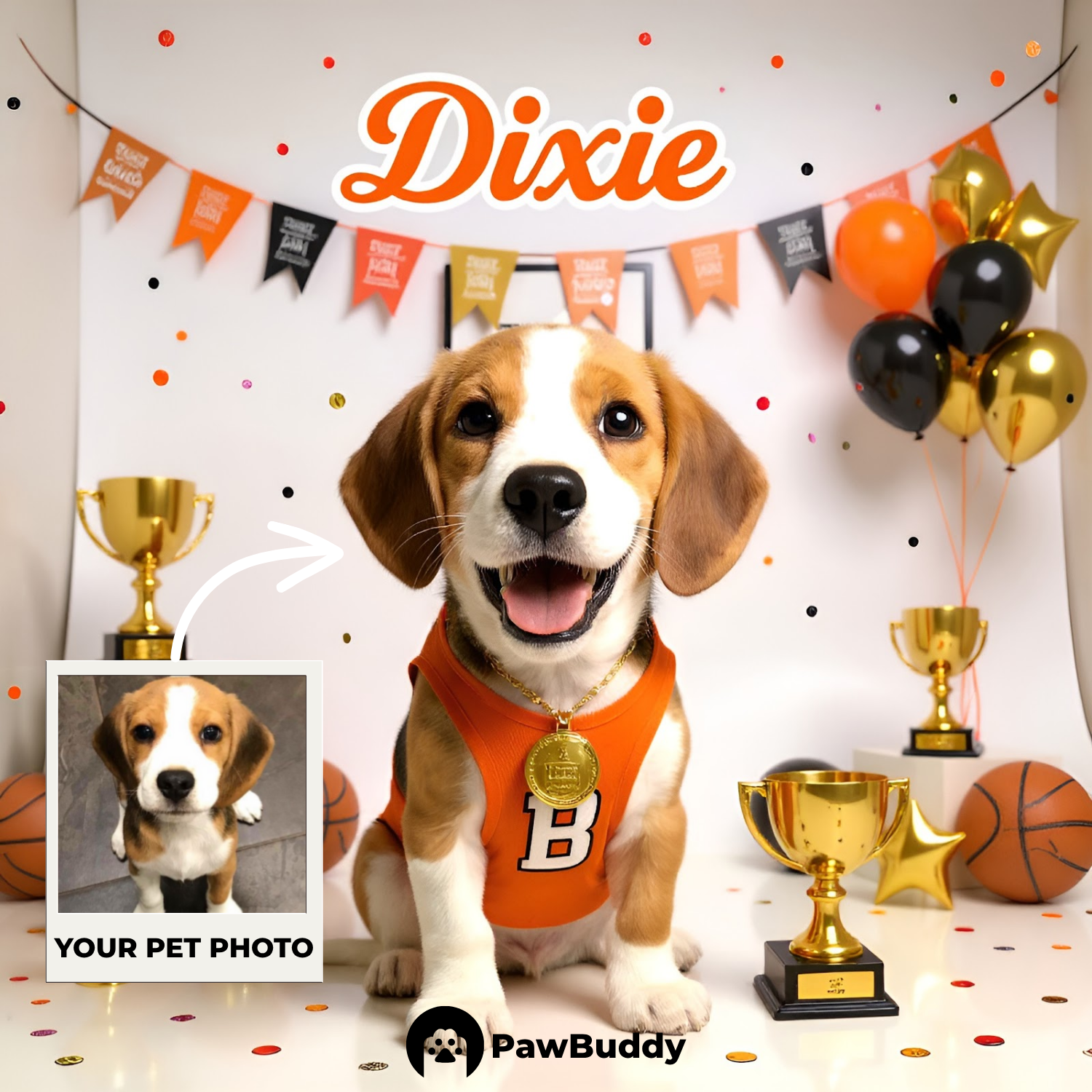 Custom Pet Portrait Victory Celebration Basketball Style Digital Artwork - Personalized High-Resolution Artwork for Pet Lovers, Perfect for Online Sharing or as a Unique Sports-Themed Keepsake