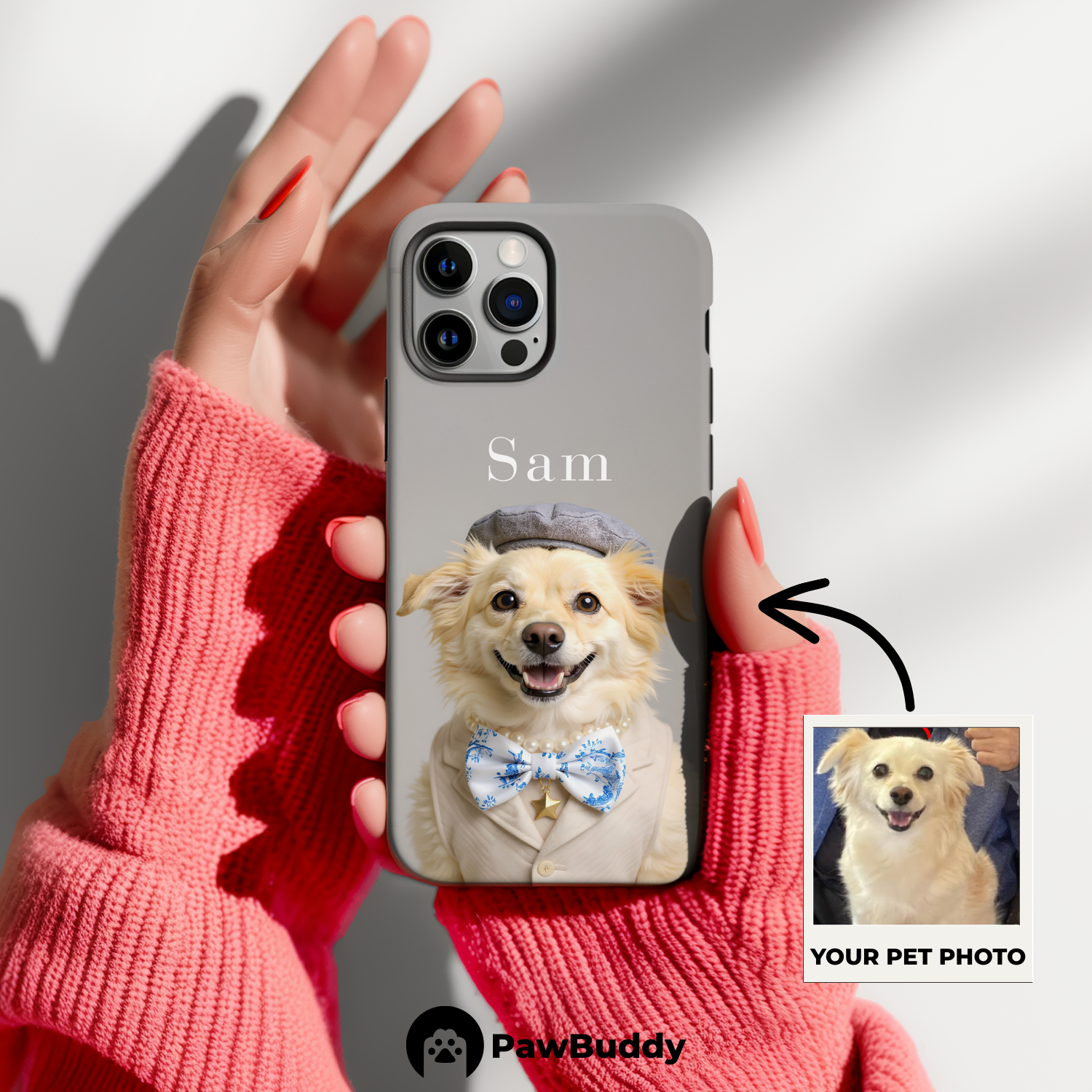 Custom Pet Phone Case for iPhone 11–17, Personalized Elegant Studio Portrait Beige Suit and Bow Tie Design, Dual-Layer Shockproof PC+TPU Protective Cover with Glossy Wraparound Printing, Unique Gift for Pet Lovers