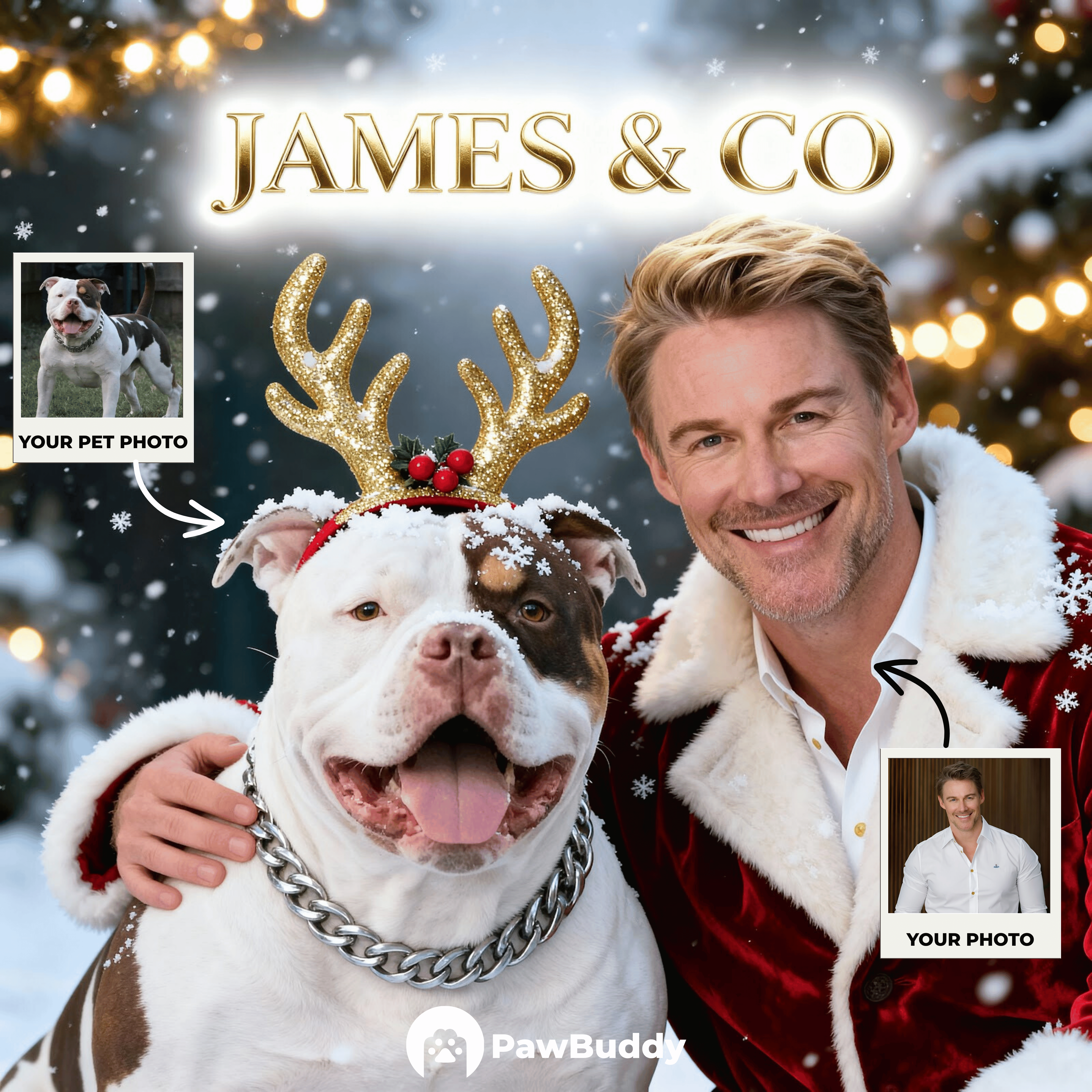 Custom Human & Pet Portrait Snowy Holiday Magic Digital Artwork - Personalized High-Resolution Artwork for Pet Lovers, Perfect for Online Sharing or as a Unique Holiday Keepsake
